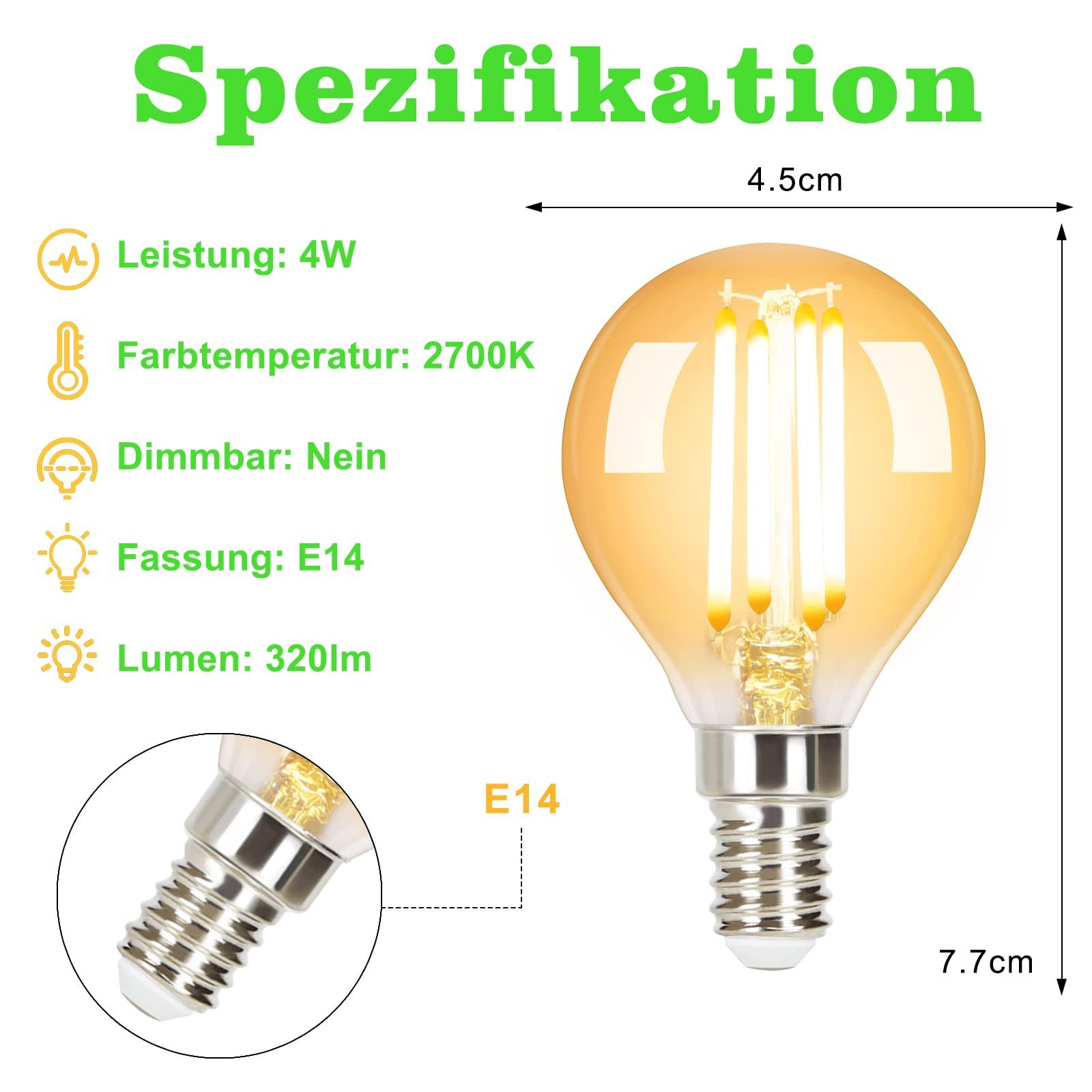 Żarówka z wymiarami i specyfikacjami mocy. Żarówka jest pomarańczowa i ma gwint E14.