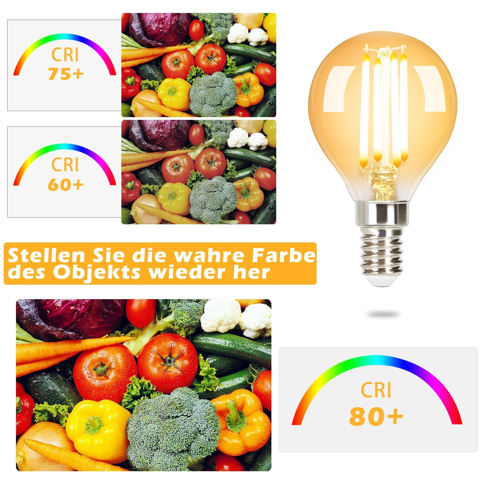Żarówka żarowa z warzywami obok, z trzema różnymi poziomami CRI.