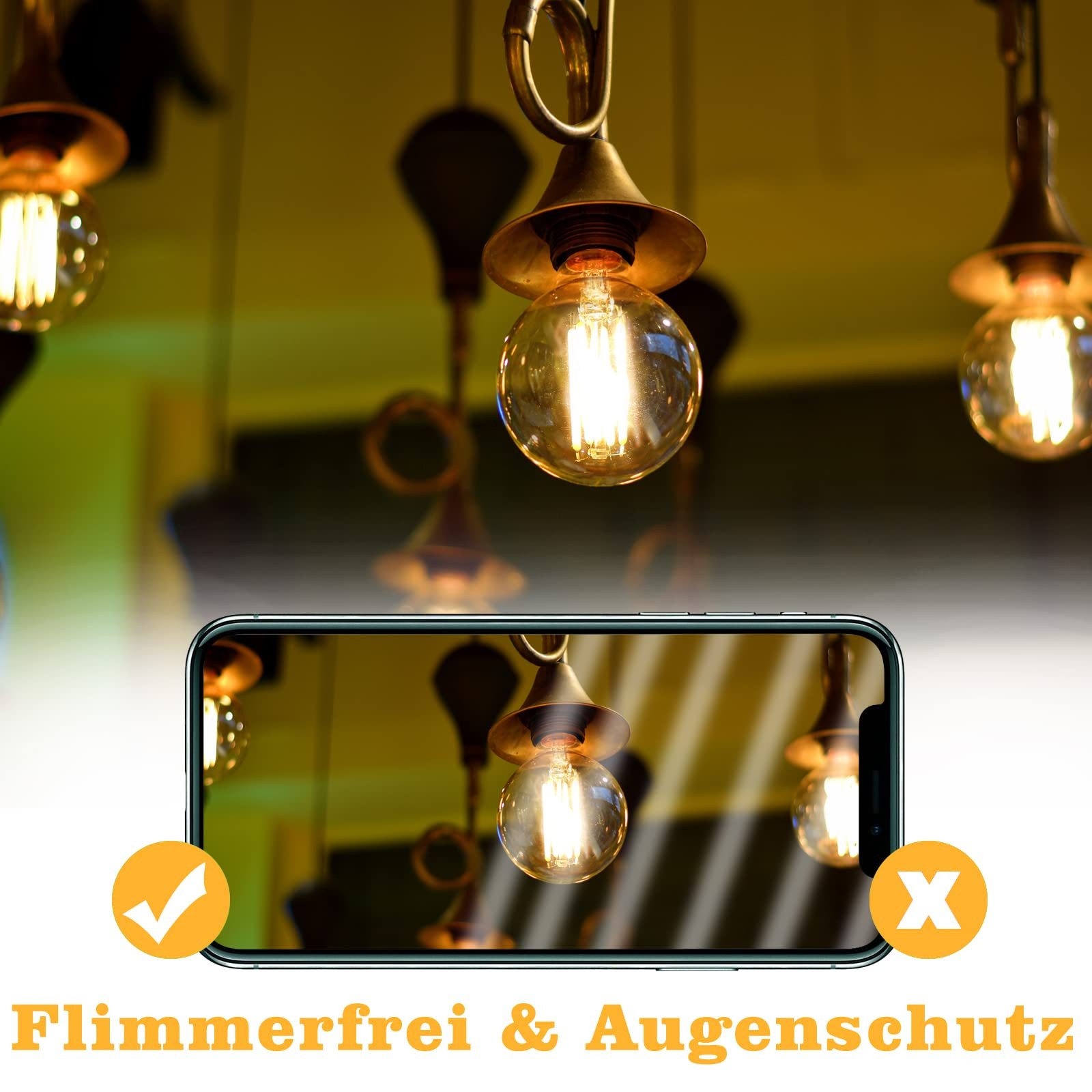 Ekran telefonu z lampami, znacznikami wyboru i X, tekst 'Flimmerfrei & Augenschutz'.