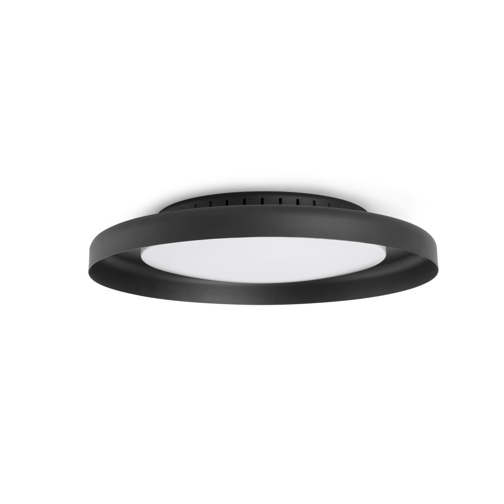Apparecchio di illuminazione circolare nero, che emette luce. Ha un cerchio interno bianco, su sfondo bianco.