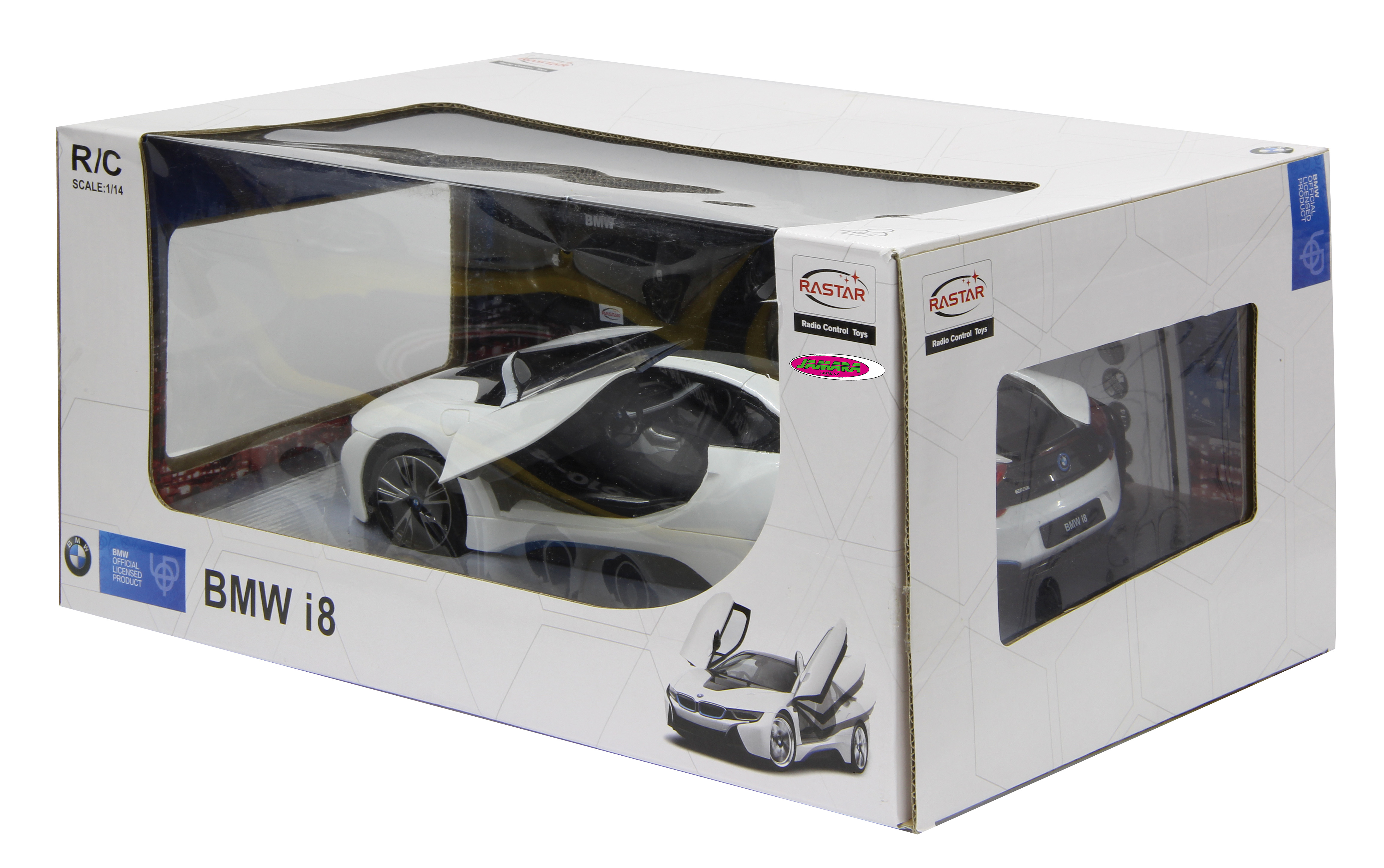 Model samochodu BMW i8 w pudełku, biały samochód.