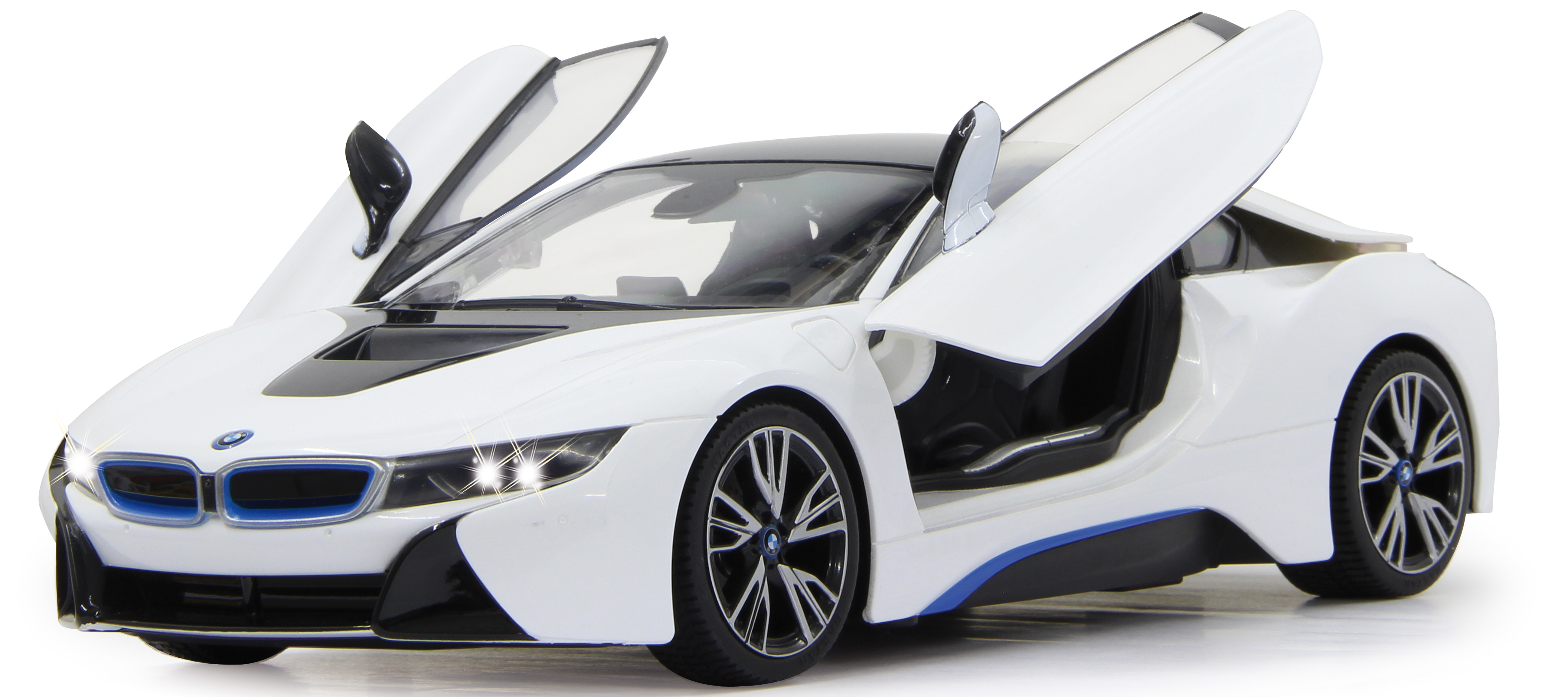 Biały zabawkowy samochód BMW i8 z otwartymi drzwiami i niebiesko-czarnym detalem.