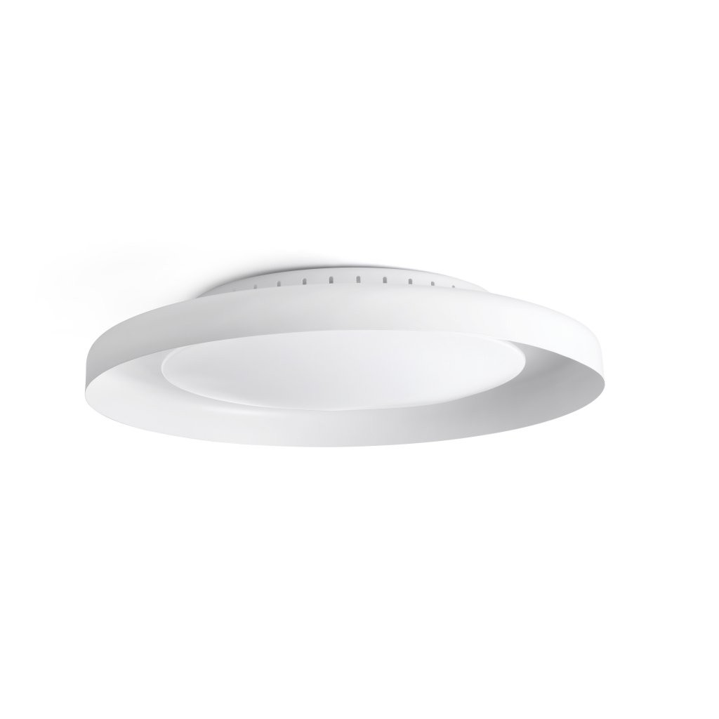 Apparecchio di illuminazione circolare bianco, che emette luce. Ha un cerchio interno bianco, su sfondo bianco.