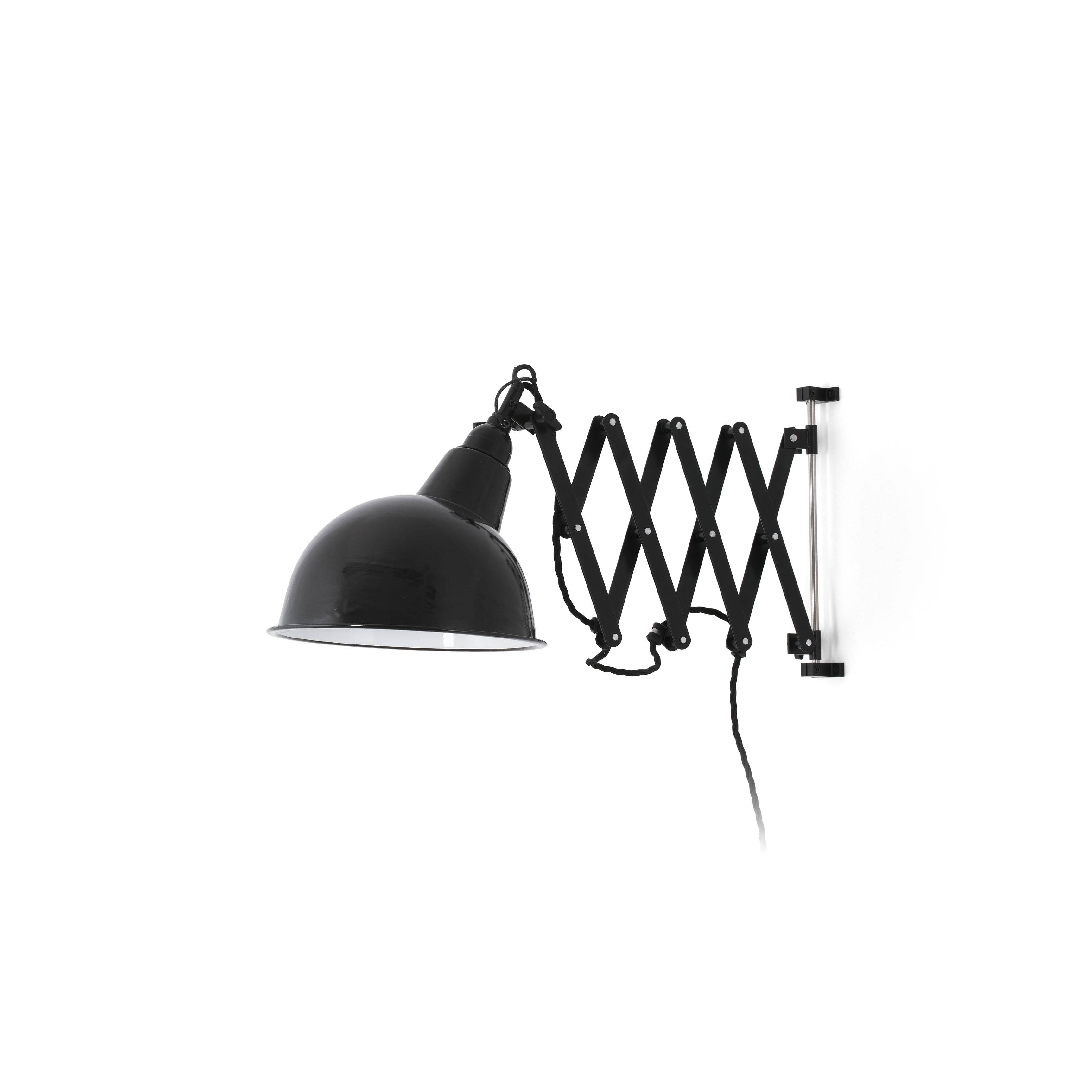 Lampada da parete nera, in stile industriale, a braccio a forbice.