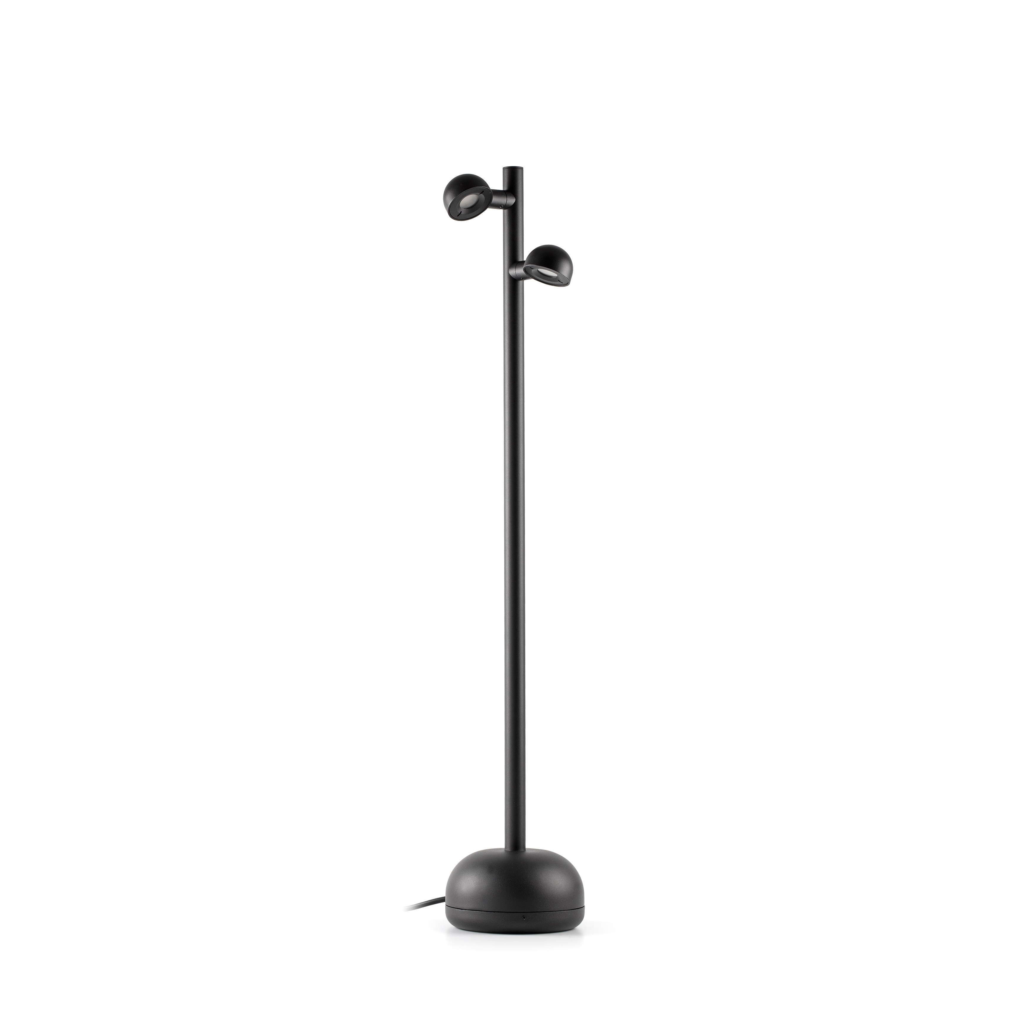 Lampada nera con due luci, base nera e sfondo bianco.
