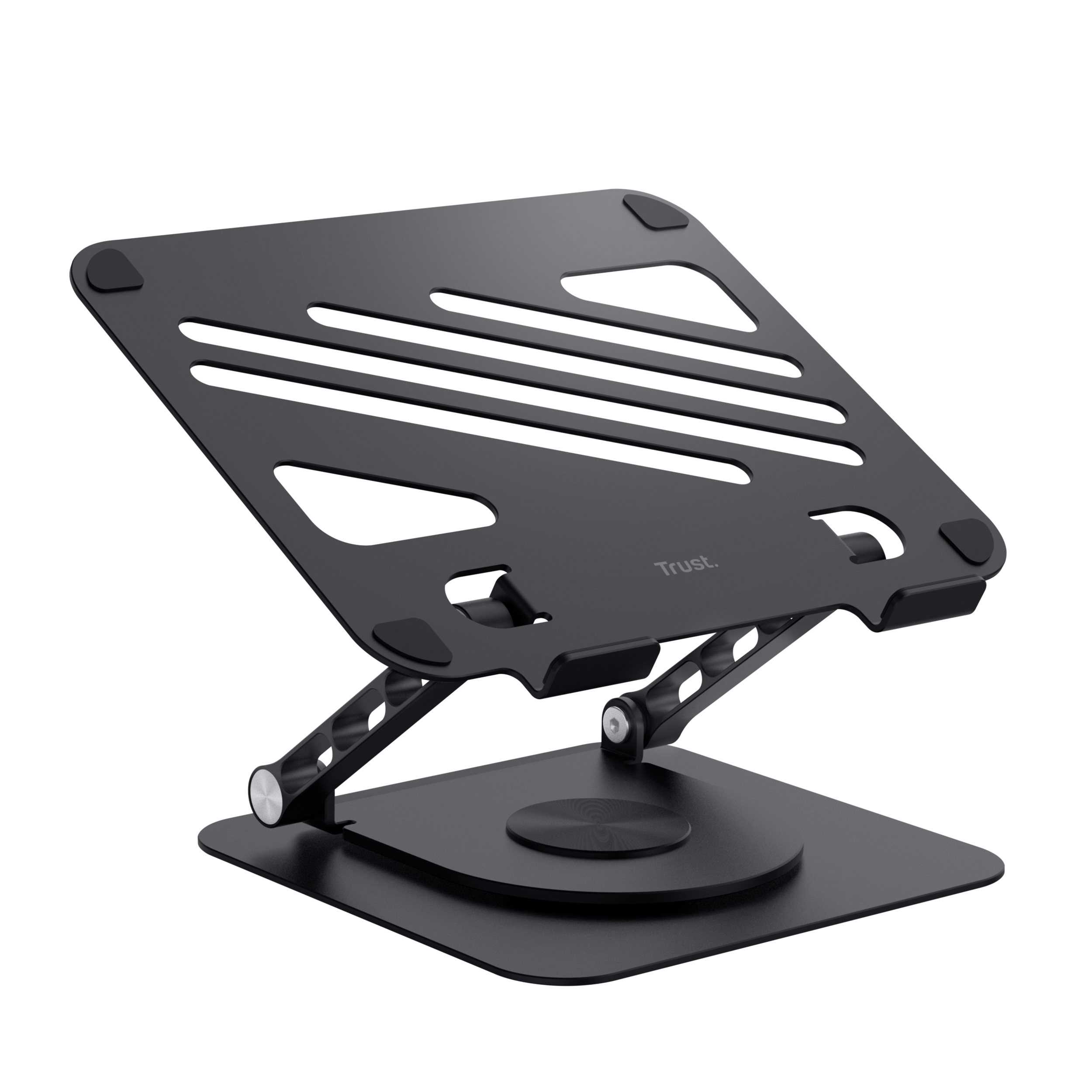 Czarny stojak na laptopa na czarnym tle. Jest regulowany i ma okrągłą podstawę.