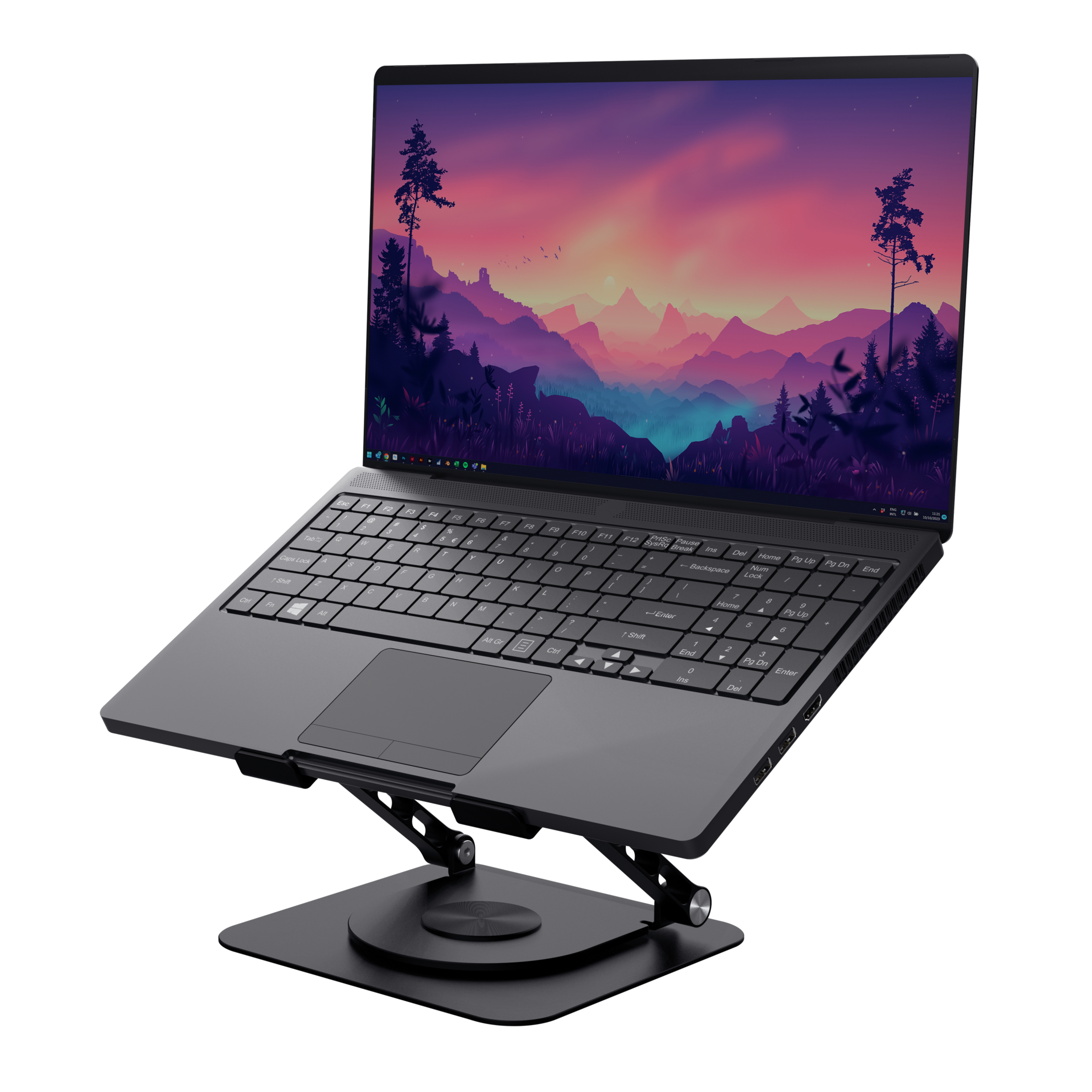 Czarny laptop otwarty na stojaku, z kolorowym tłem na ekranie.