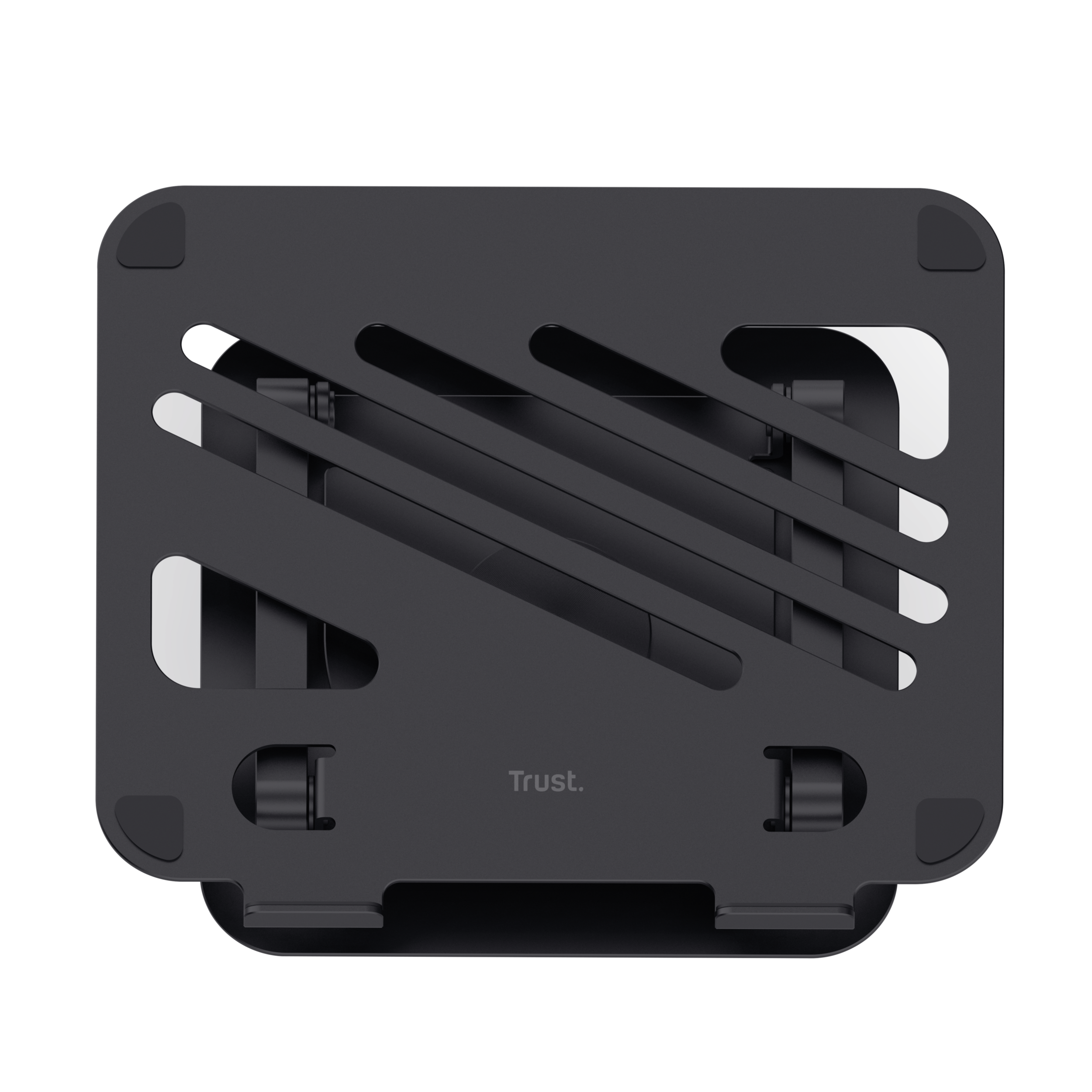 Czarny stojak na laptopa, spód z wzorem kratki, gotowy do podparcia laptopa.