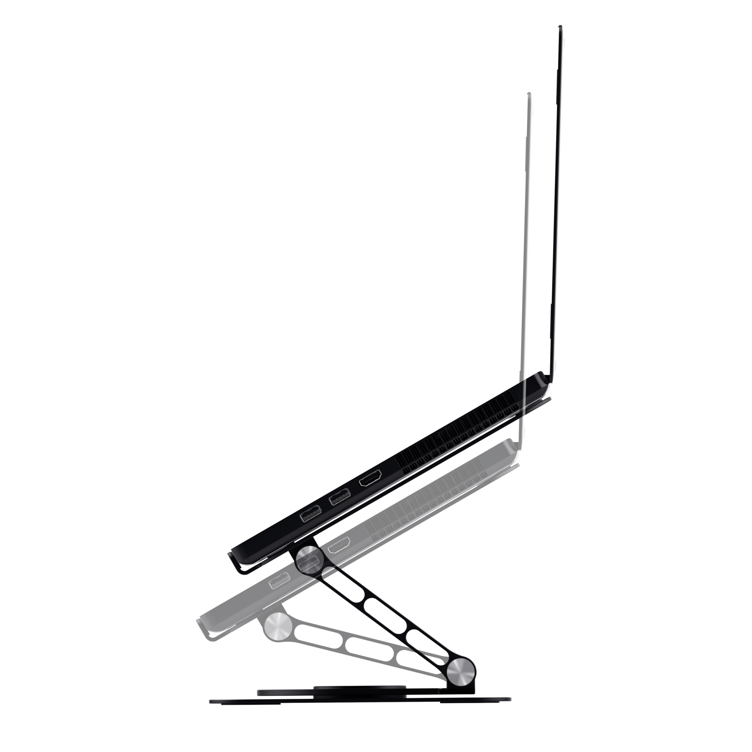 Dwa czarne laptopy na czarnym, regulowanym stojaku. Laptopy są w widoku z boku. Czarne tło.