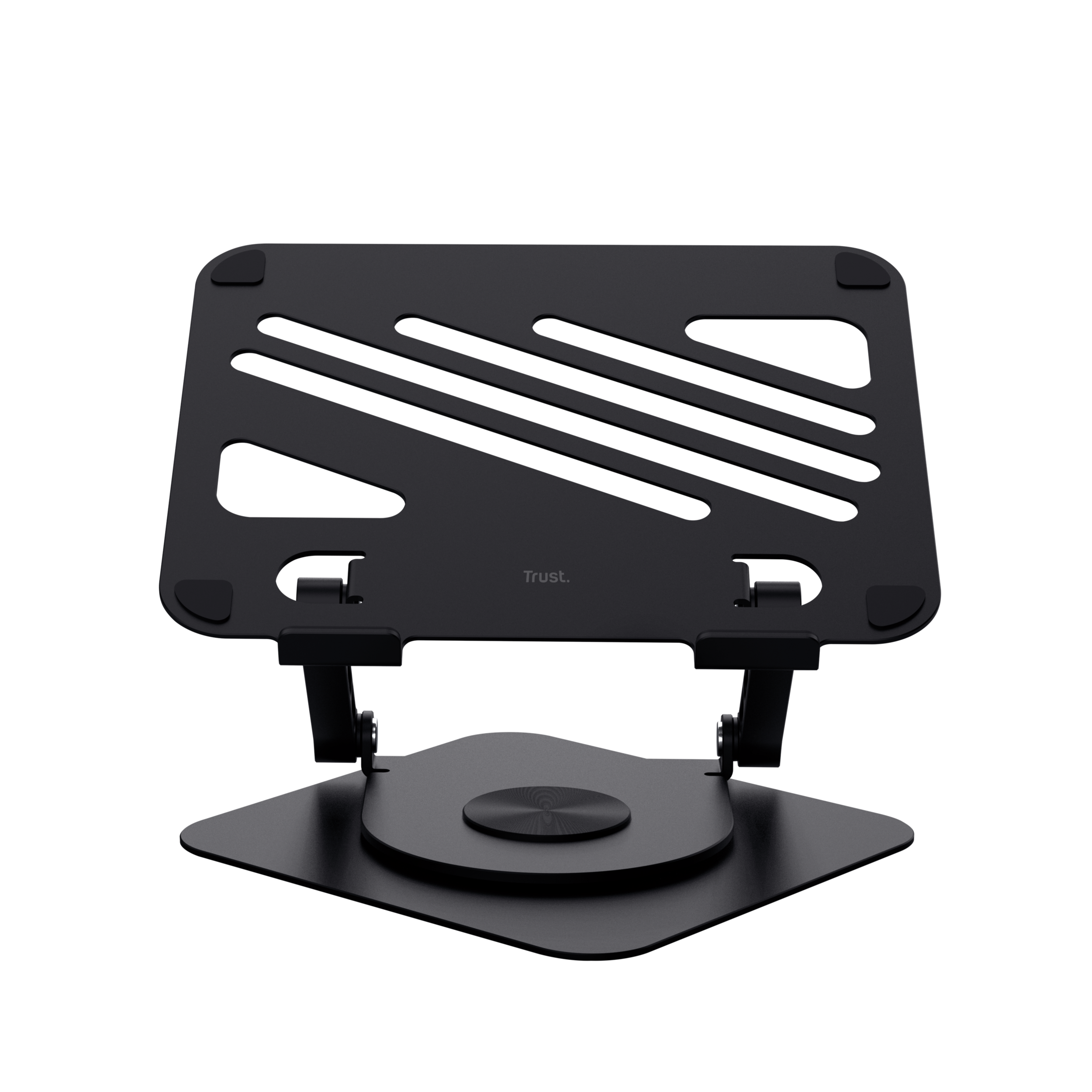 Czarny, regulowany stojak na laptopa. Stojak jest metalowy i na czarnym tle.