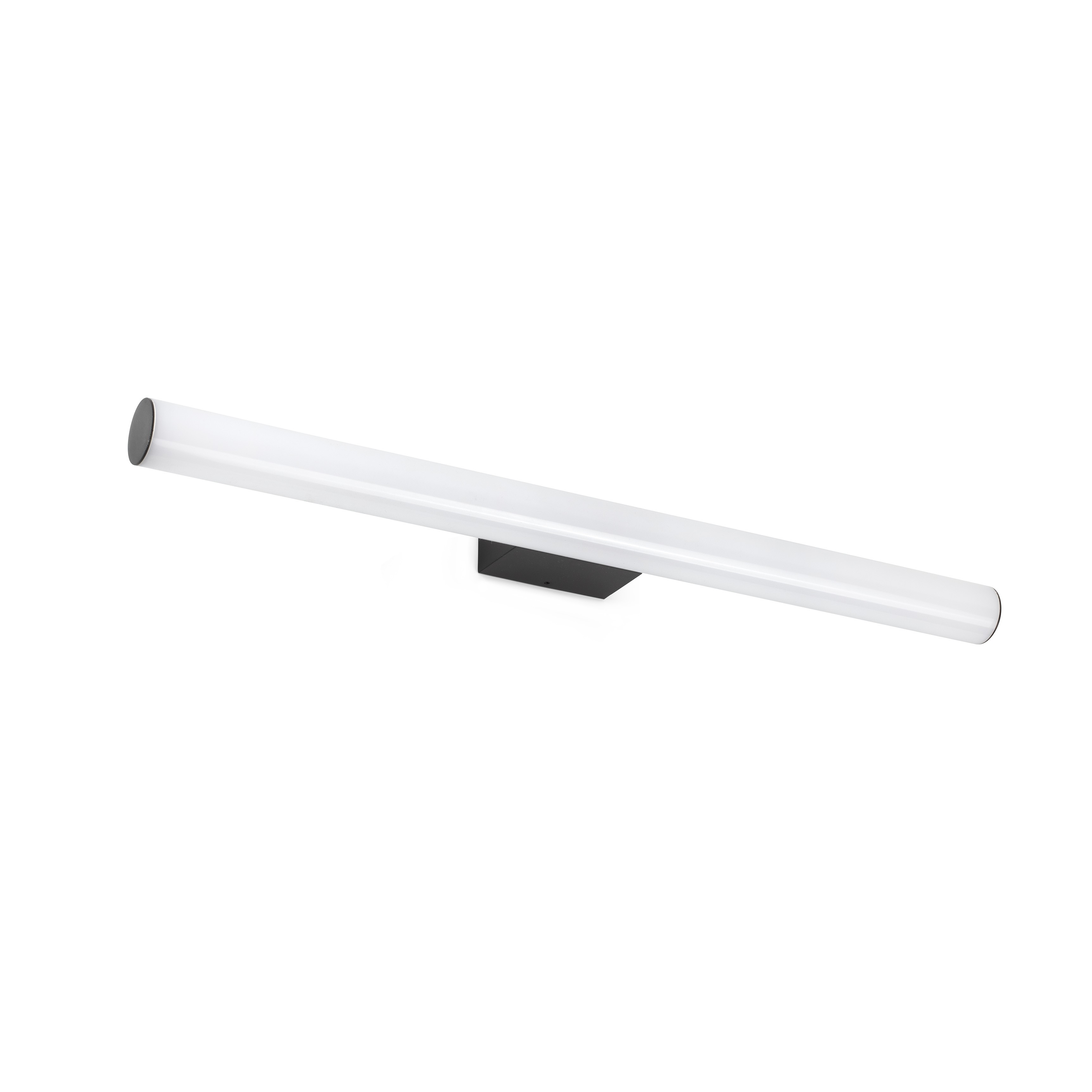 Un lungo apparecchio di illuminazione bianco a forma di tubo su un supporto nero.