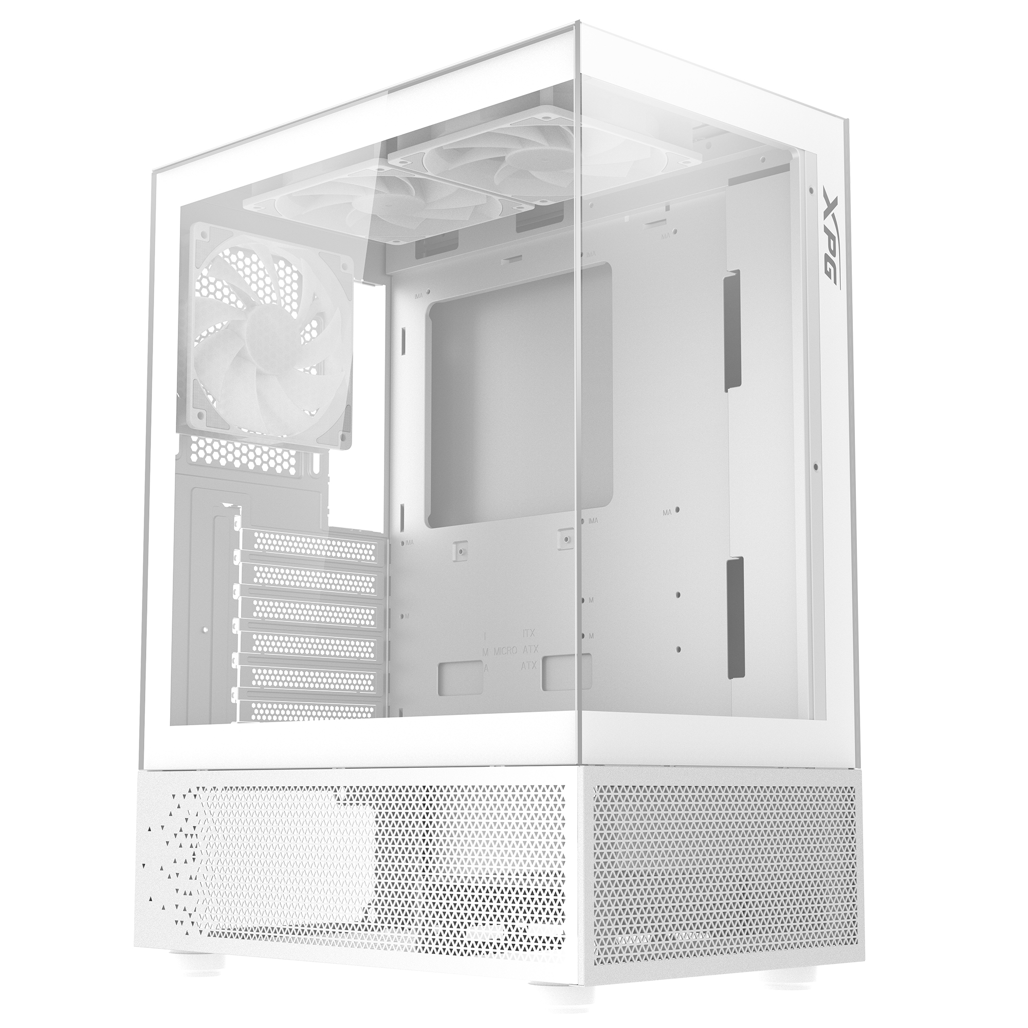 Case per computer bianco con pannello laterale trasparente e ventole.