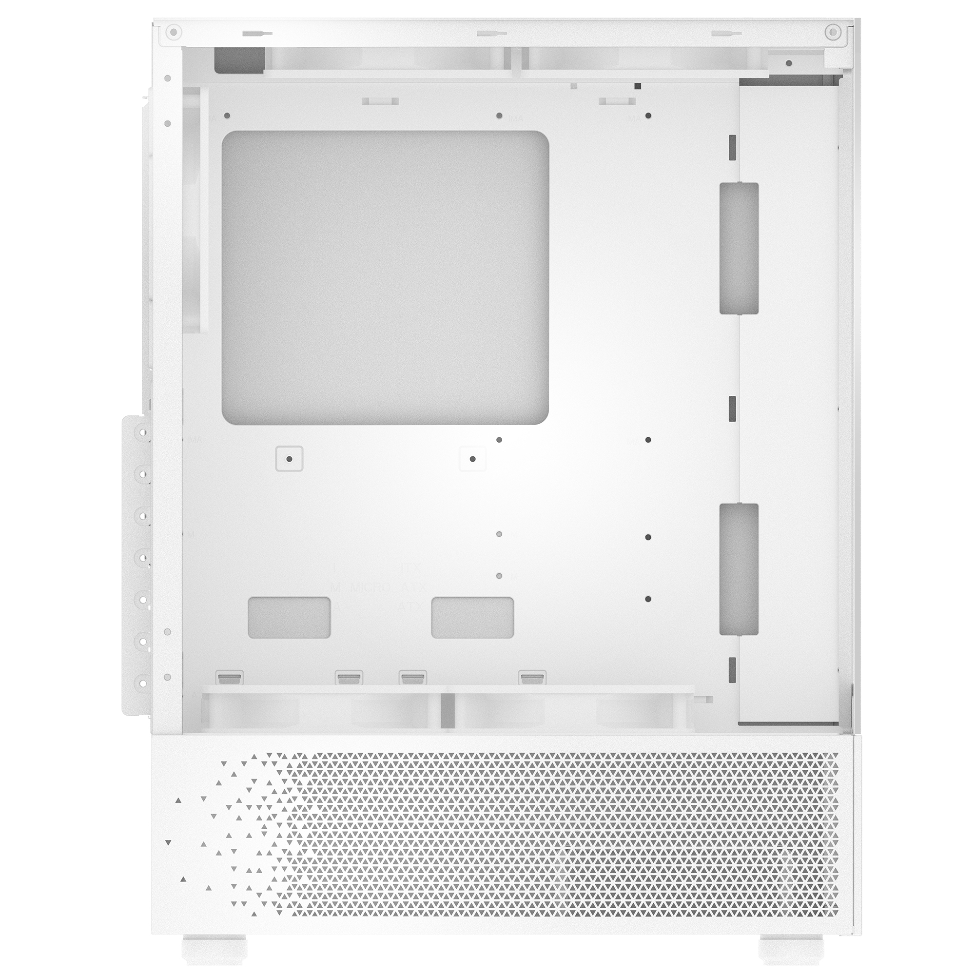 Un case per computer bianco aperto che mostra i suoi componenti interni e il layout dall'alto.