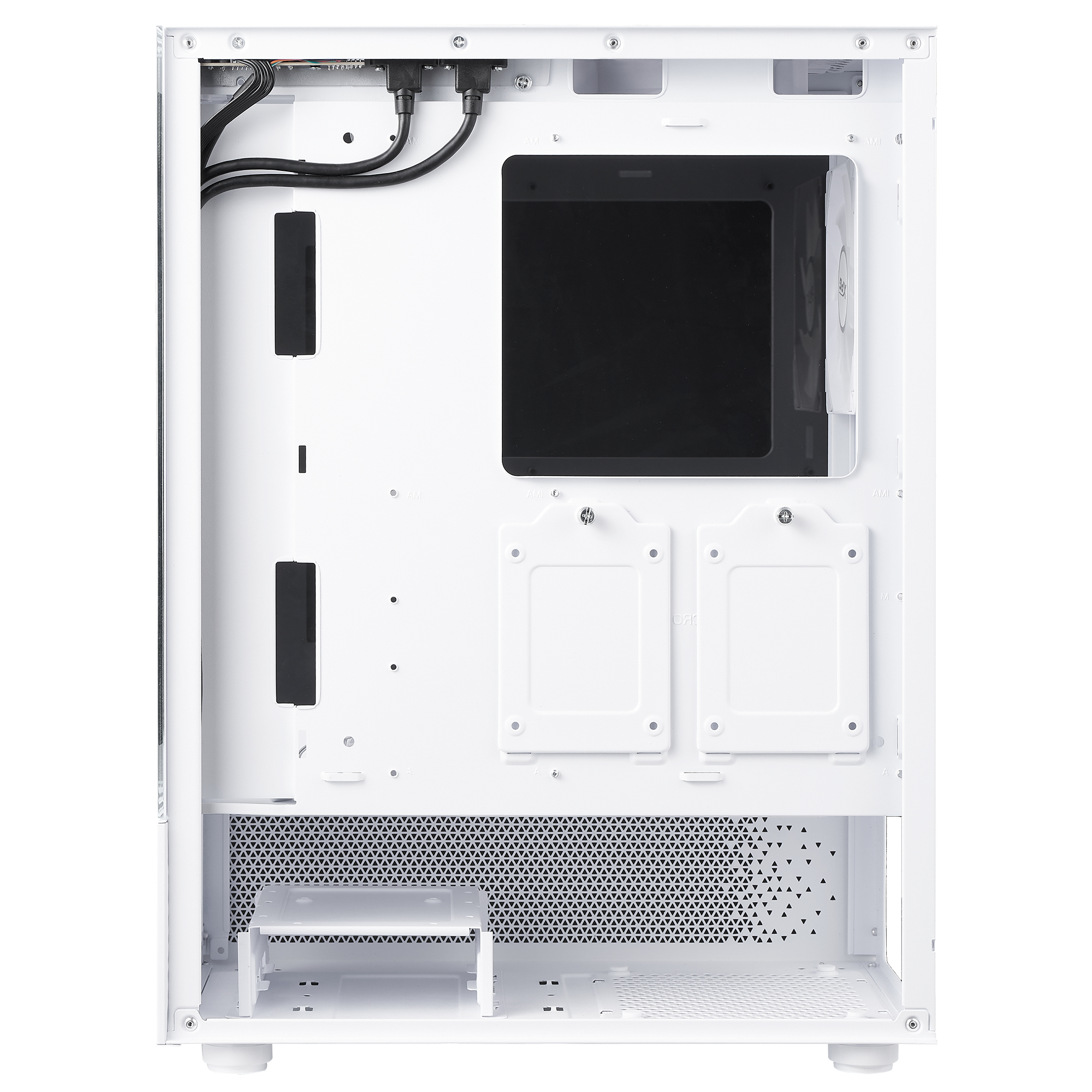 Interno di un case di computer bianco. I componenti visibili includono ventole, vani per dischi rigidi e cavi.