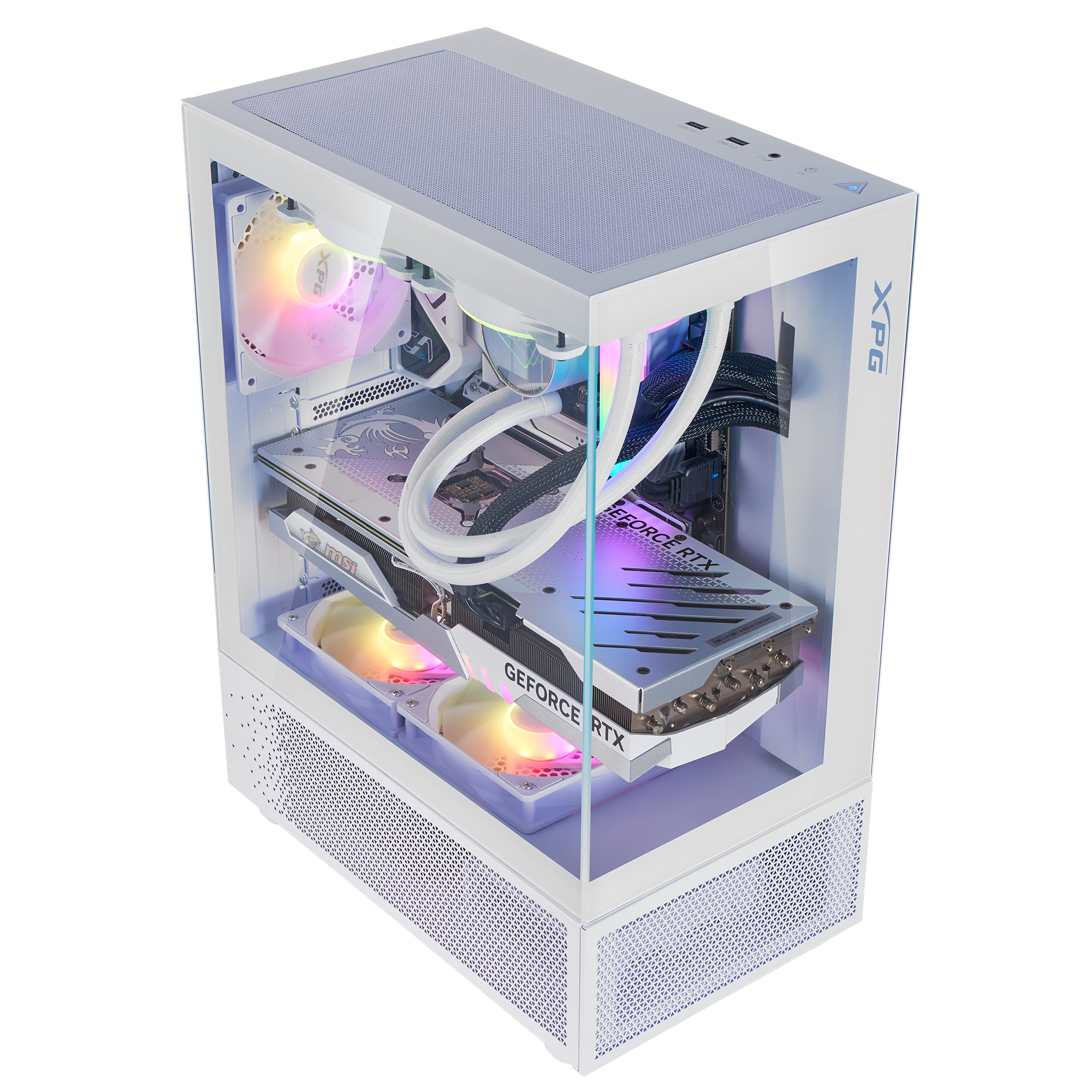 Un case per computer bianco con pannelli di vetro, che mostra componenti interni con luci LED colorate.