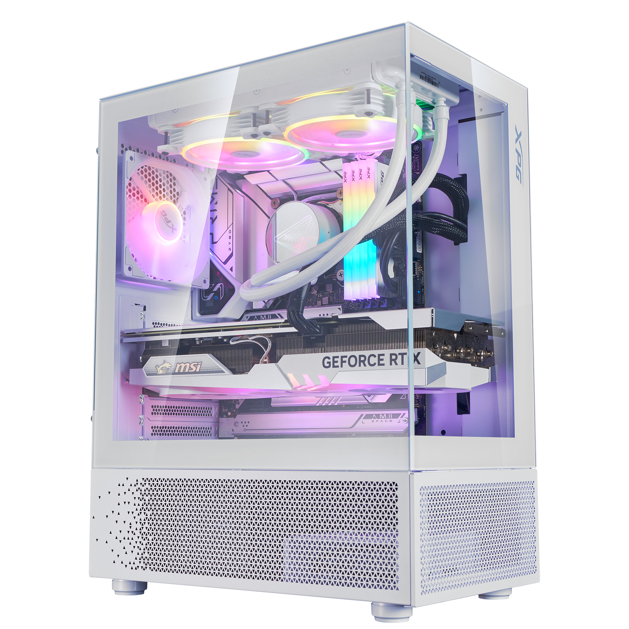 Un case per computer bianco con componenti interni visibili e luci RGB.