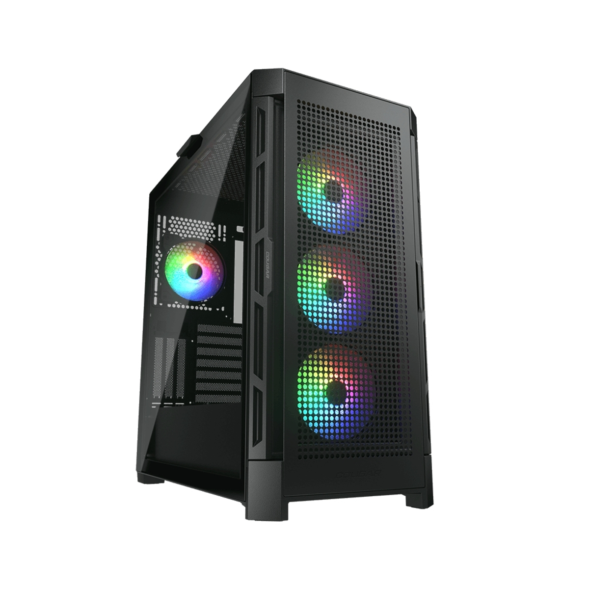 Schwarzes PC-Gehäuse mit Regenbogen-LED-Lüftern vorne und an der Seite, isoliert auf weißem Hintergrund.