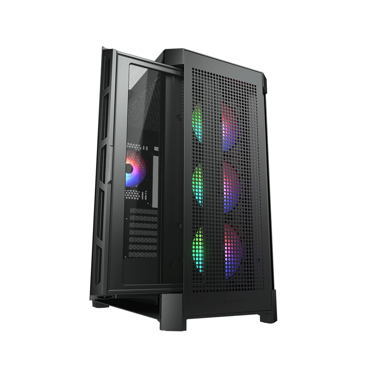 Schwarzes Computergehäuse mit Mesh-Front und sichtbaren RGB-Lüftern.
