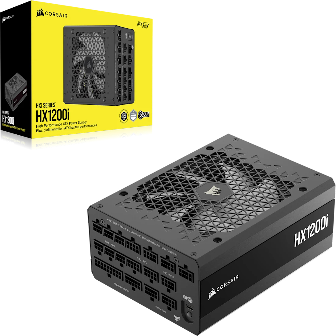 Ein schwarzes Netzteil und seine Box. Die Box hat das Corsair-Logo und Produktdetails.