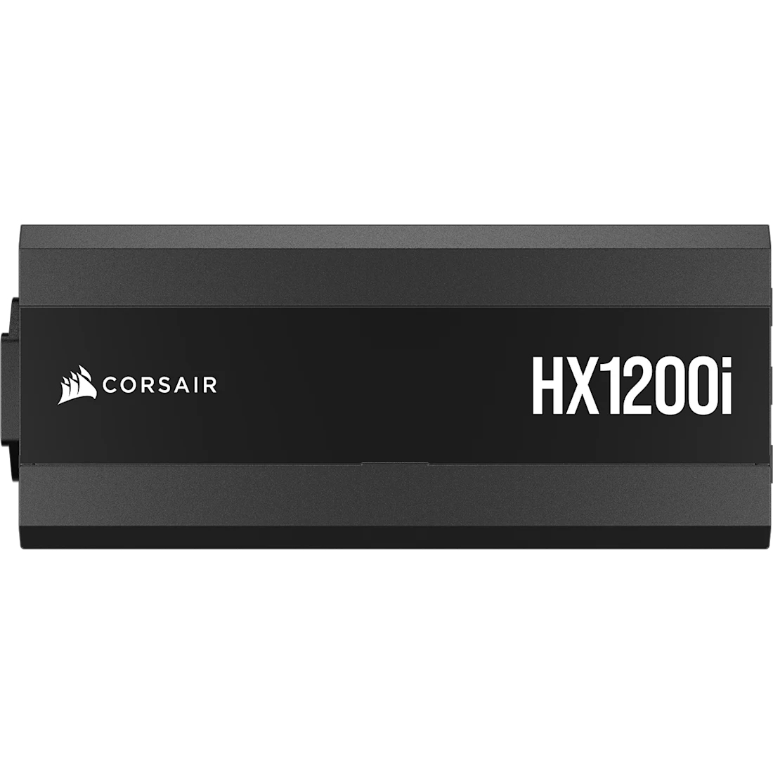 Czarny zasilacz Corsair HX1200i. Biały tekst na przodzie. Białe tło.