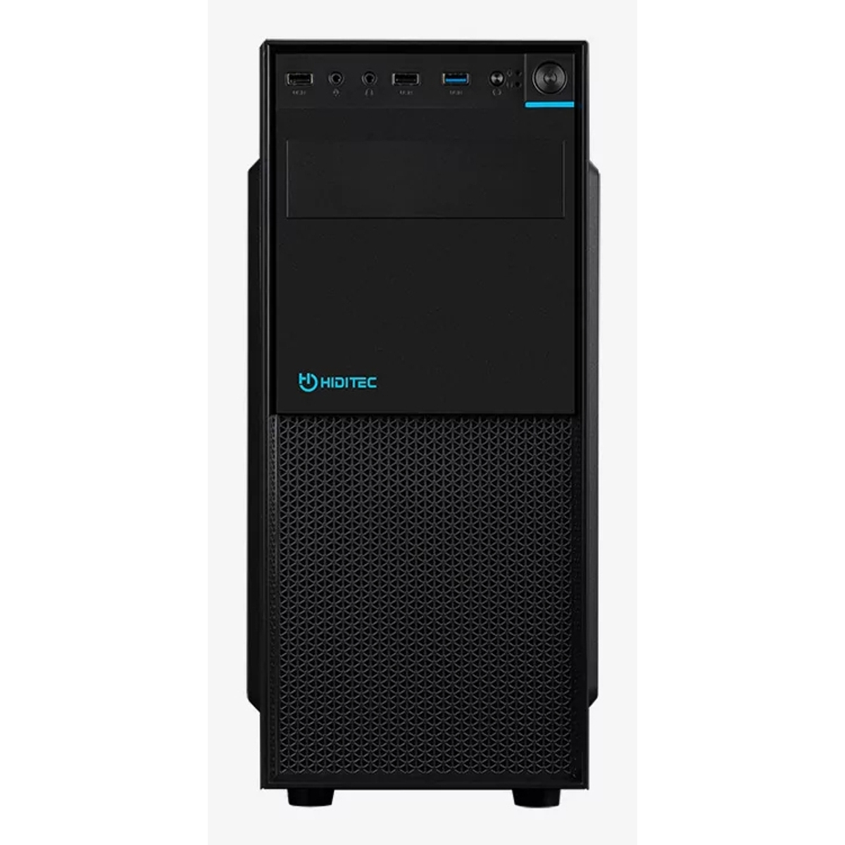 Case nero per computer con porte e frontale a rete. Visibile il marchio HIDITEC.