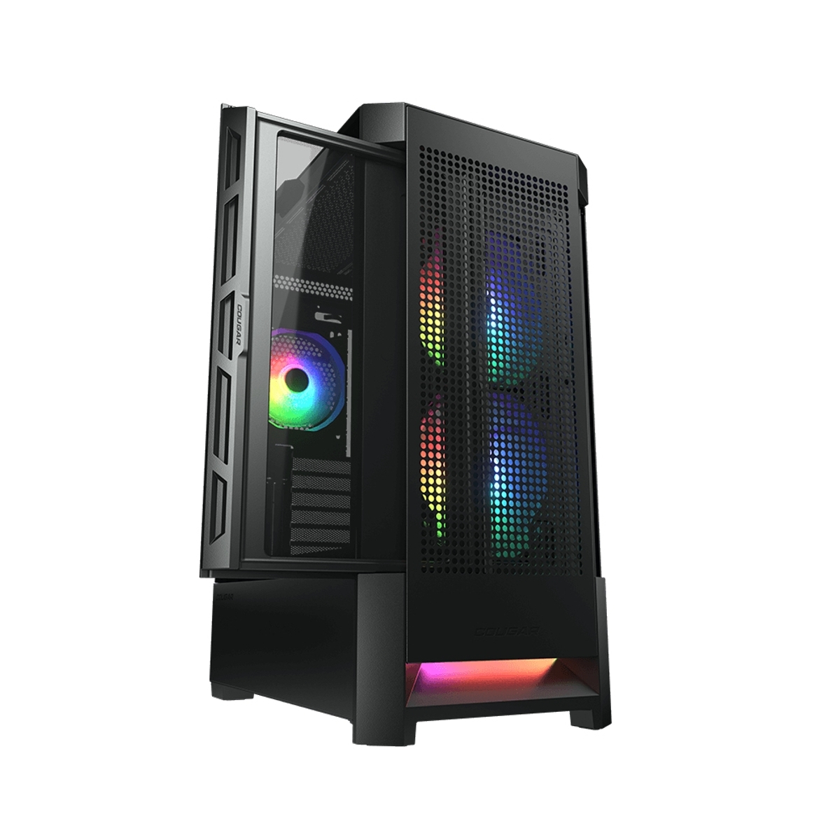 Ein schwarzes Computergehäuse mit beleuchteten Lüftern und einer Glas-Seitenwand.