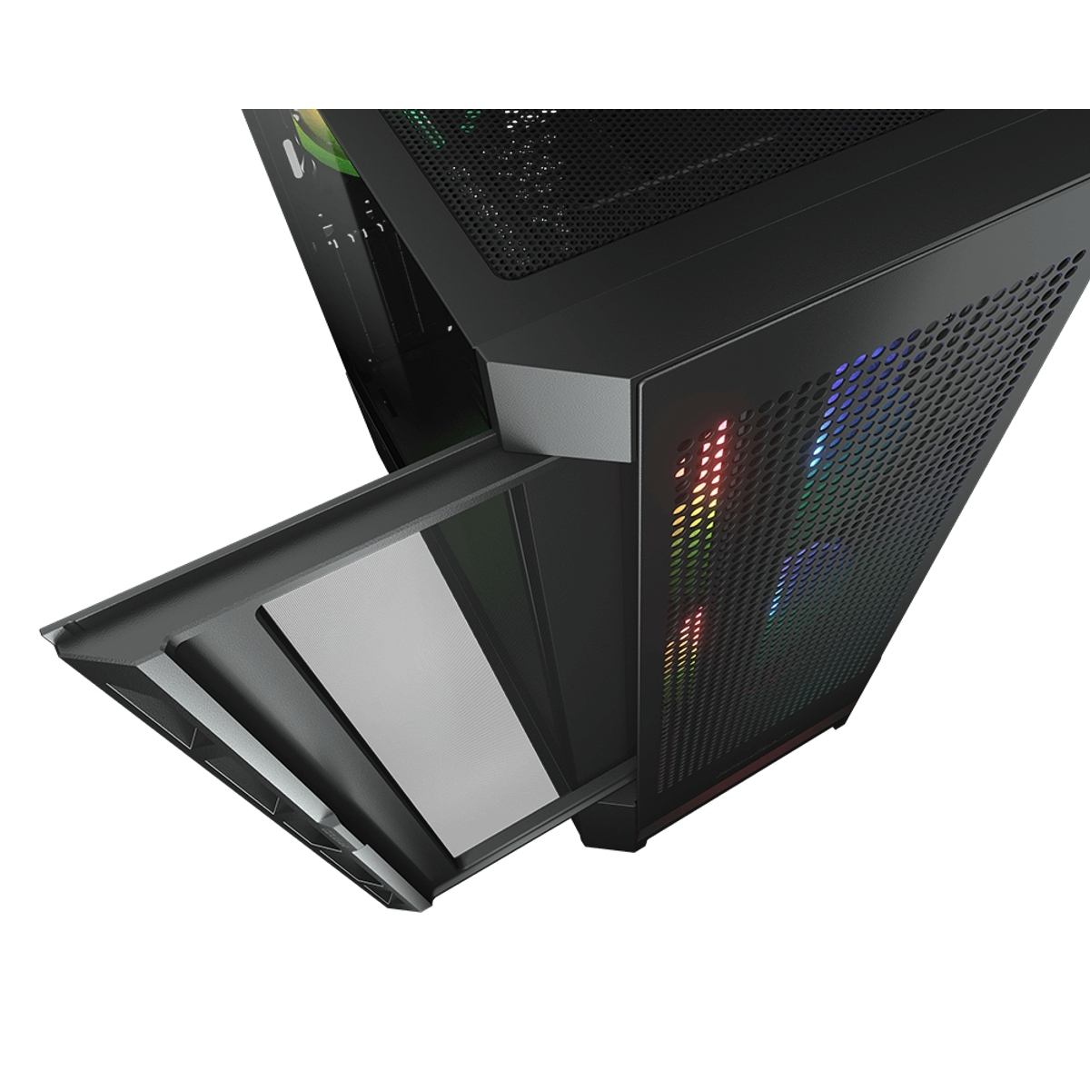Schwarzes Computergehäuse mit abnehmbarer Blende und sichtbaren Innenlüftern.