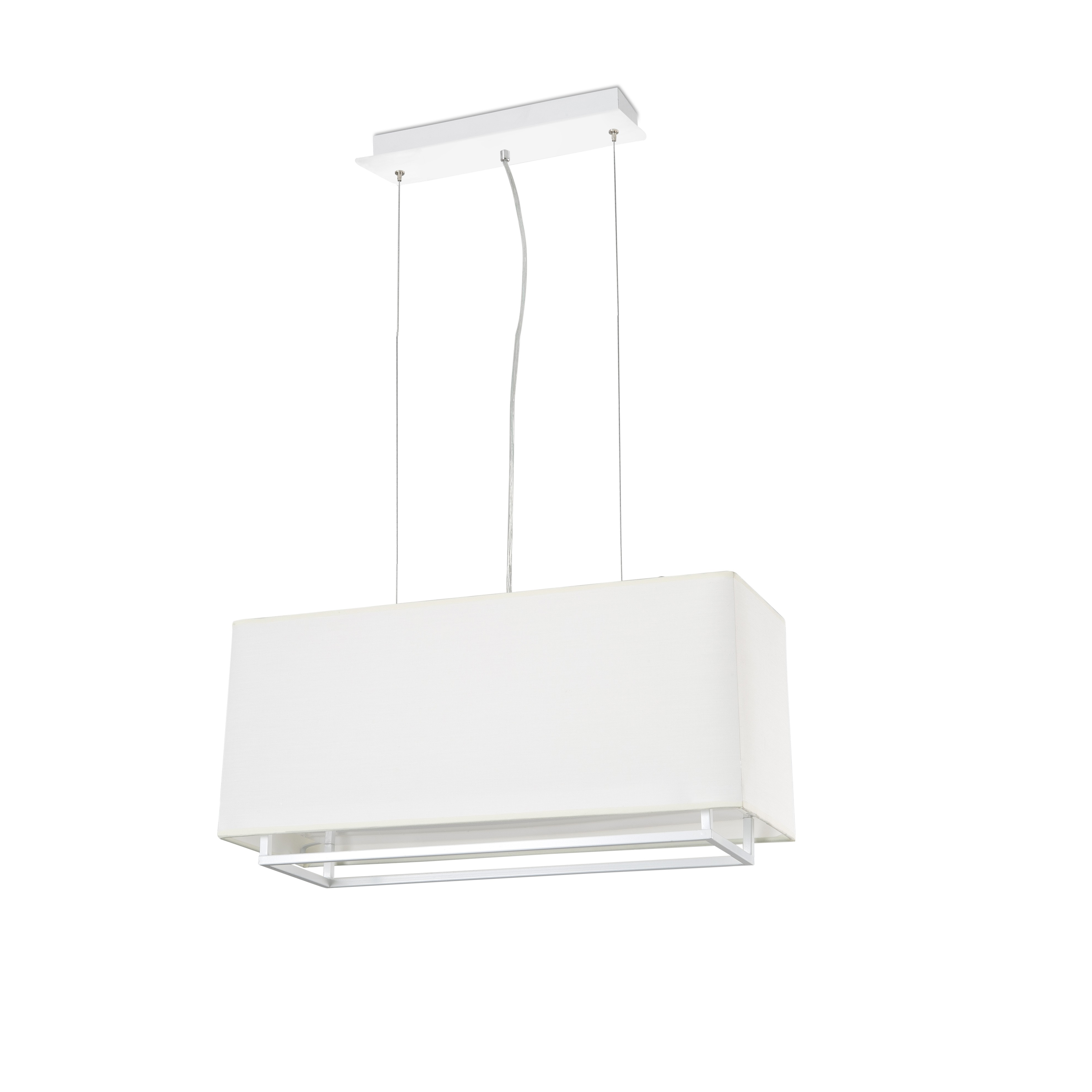 Lampada a sospensione rettangolare bianca con telaio rettangolare, appesa su sfondo bianco.