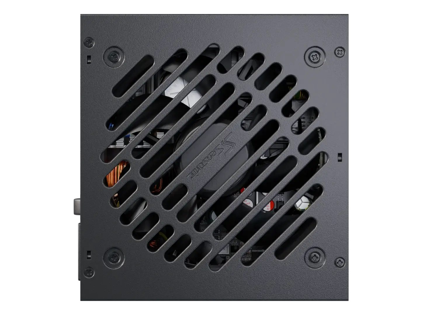 Schwarzes Computer-Netzteil. Ein Lüfter ist hinter einem Gitter zu sehen.