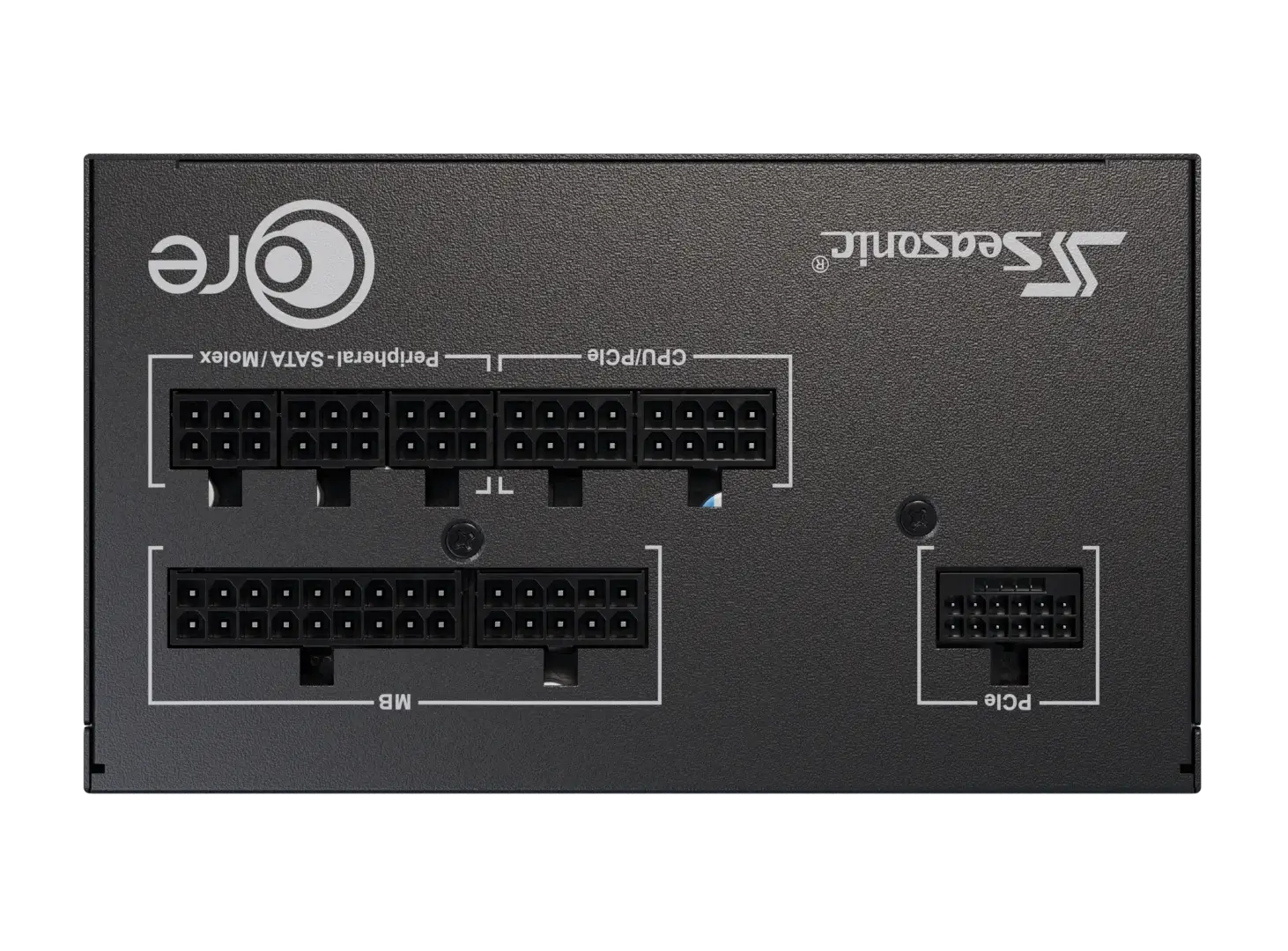 Schwarzes Netzteil mit verschiedenen Anschlüssen und dem Seasonic-Logo.