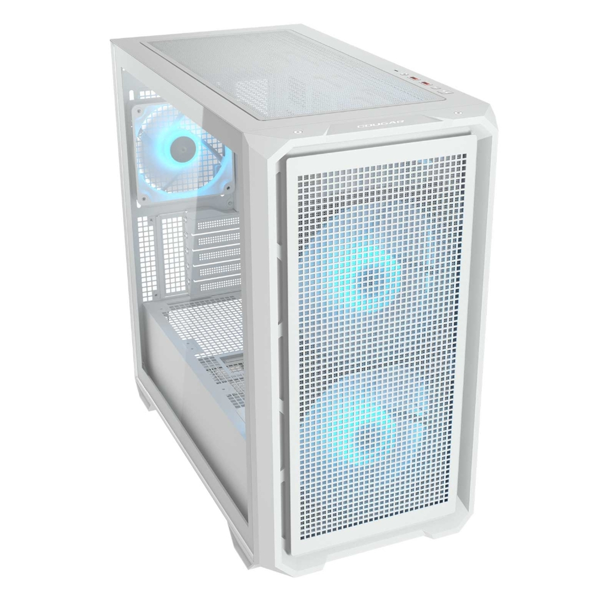 Case PC bianco con lato in vetro e ventole blu luminose. Pannello frontale a griglia.