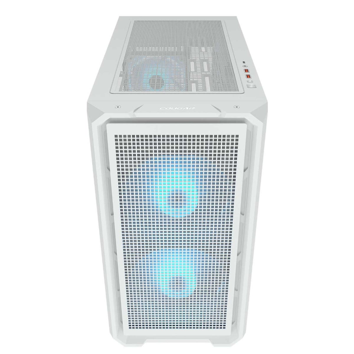 Vista dall'alto di un case PC bianco. Il pannello frontale ha un design a griglia. Cougar stampato sopra.