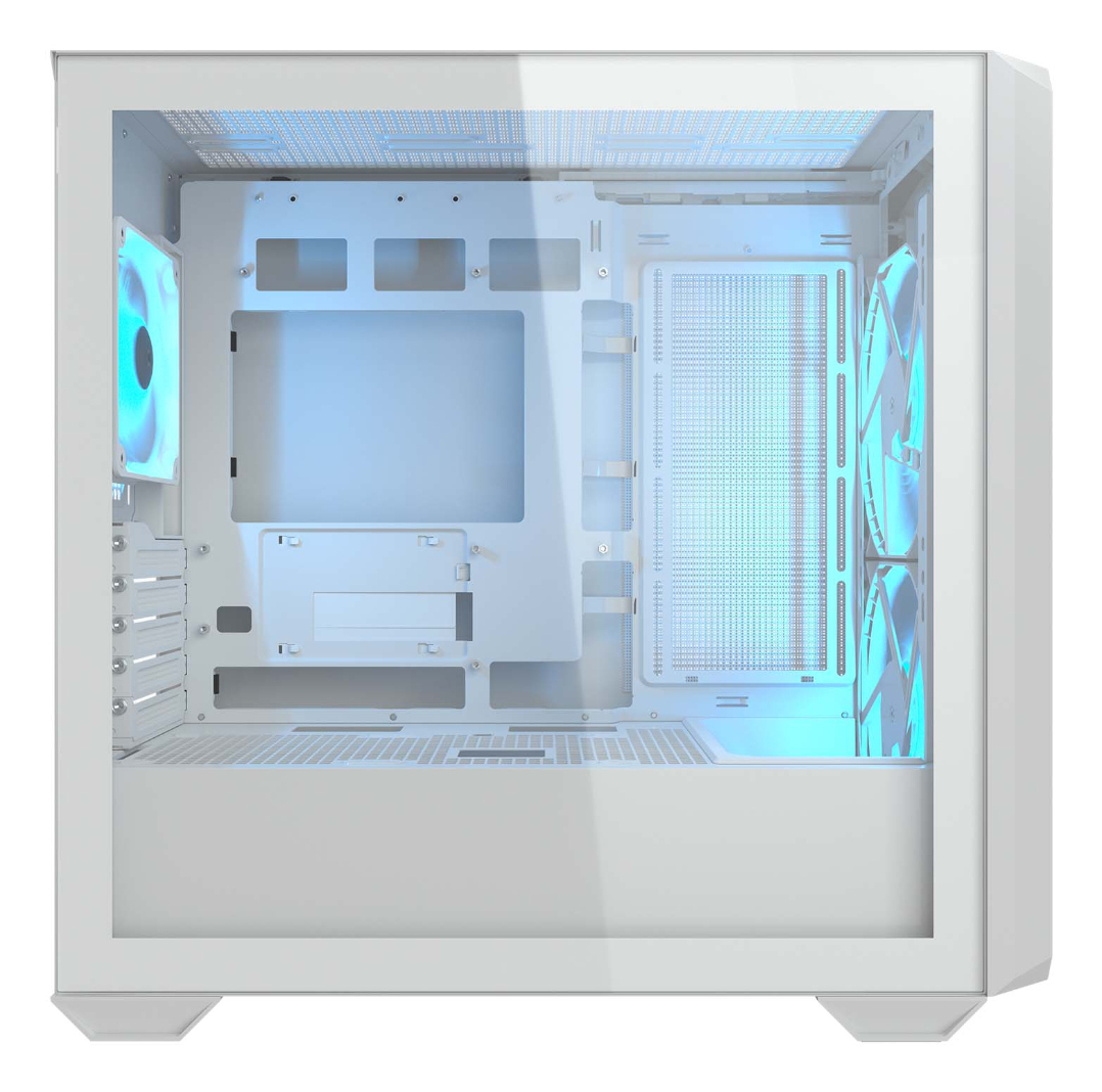 Case per computer bianco con pannello in vetro, che mostra ventole e componenti interni. Il case è vuoto.