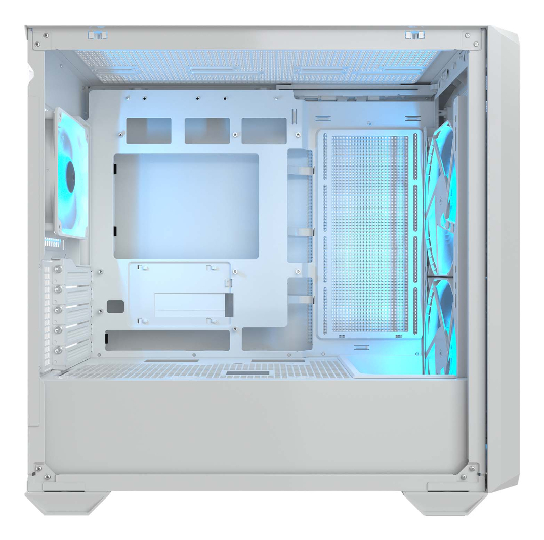 Interno di un case PC bianco con ventole e componenti, illuminato con luci blu.