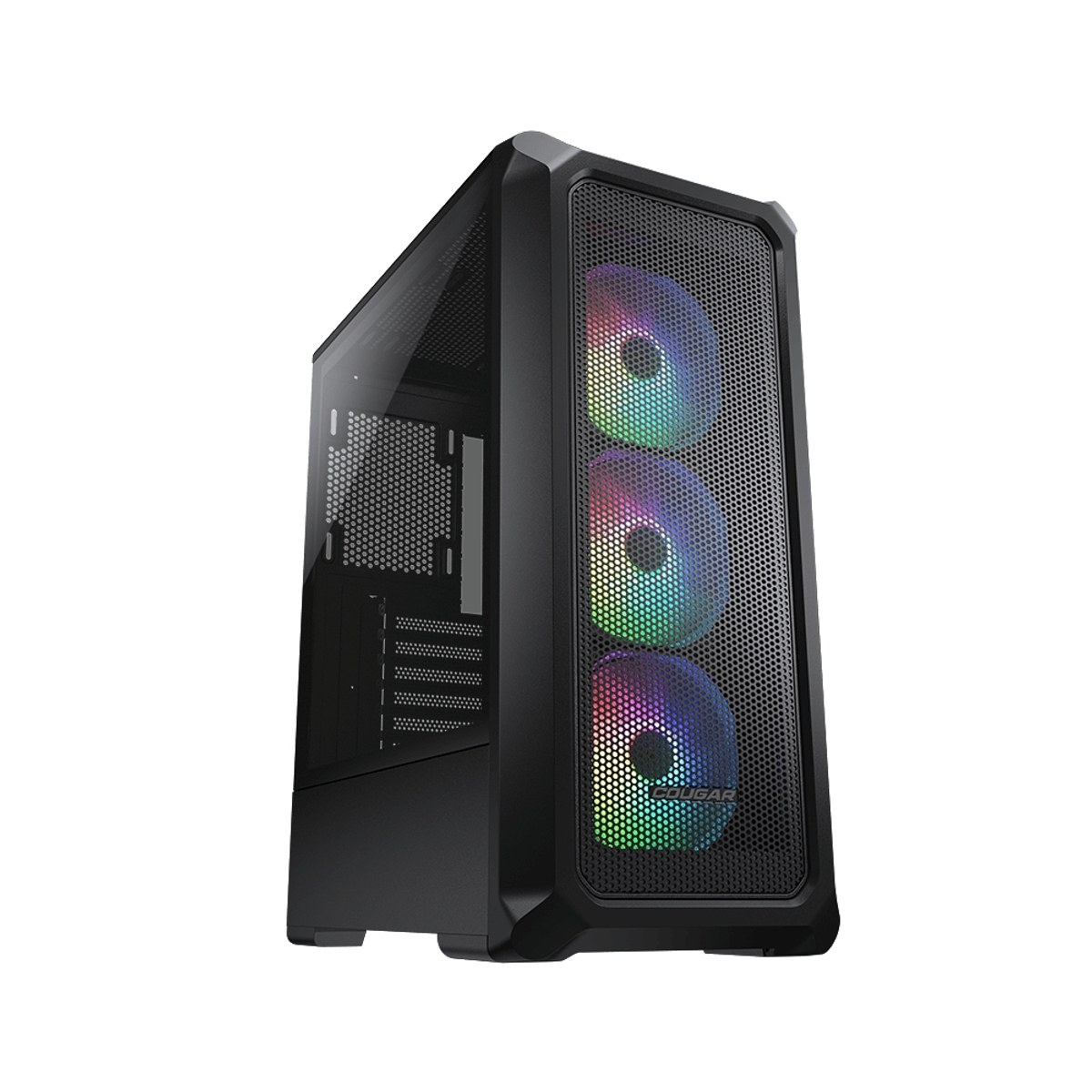 Case PC nero con tre ventole RGB visibili. Pannello frontale a rete con pannello laterale in vetro.