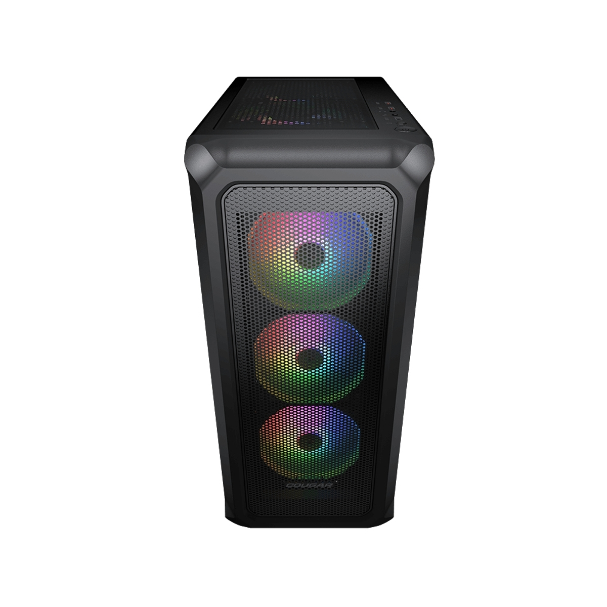 Case per computer nero con tre ventole con luci arcobaleno. Sfondo nero.