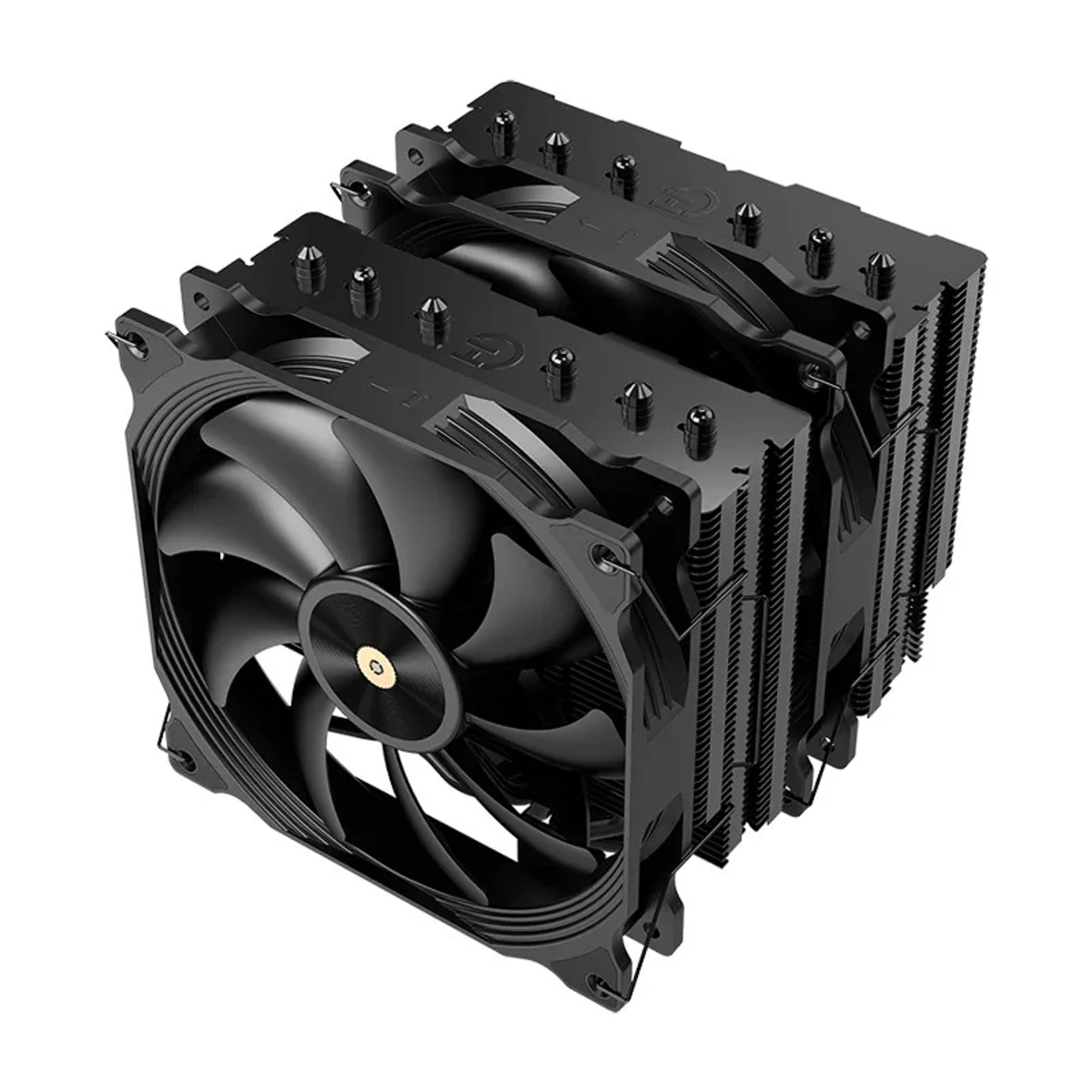 Een zwarte CPU-koeler met twee ventilatoren en een groot koellichaam.