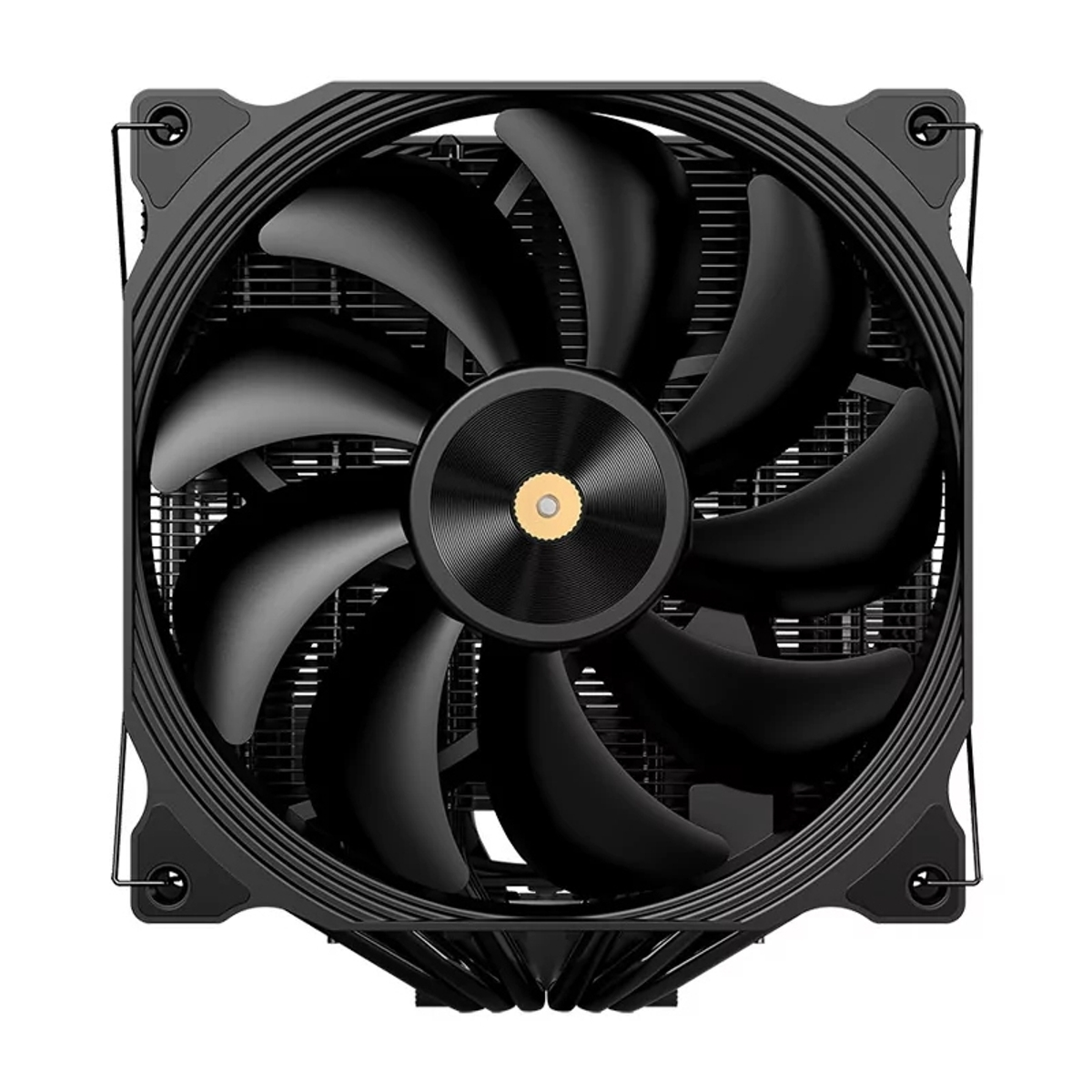 Een zwarte CPU-koelventilator met meerdere gebogen bladen en een centraal goudkleurig element.