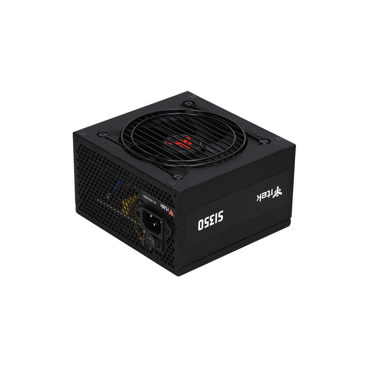 Alimentatore PC nero con ventola e logo 'itek'.