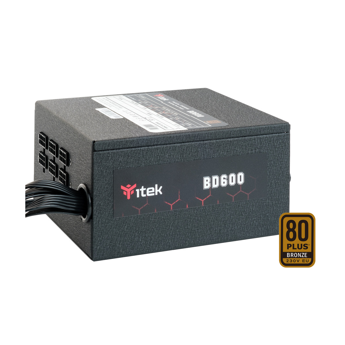 Un alimentatore nero con l'etichetta 'BD600' e il logo '80 PLUS BRONZE'.