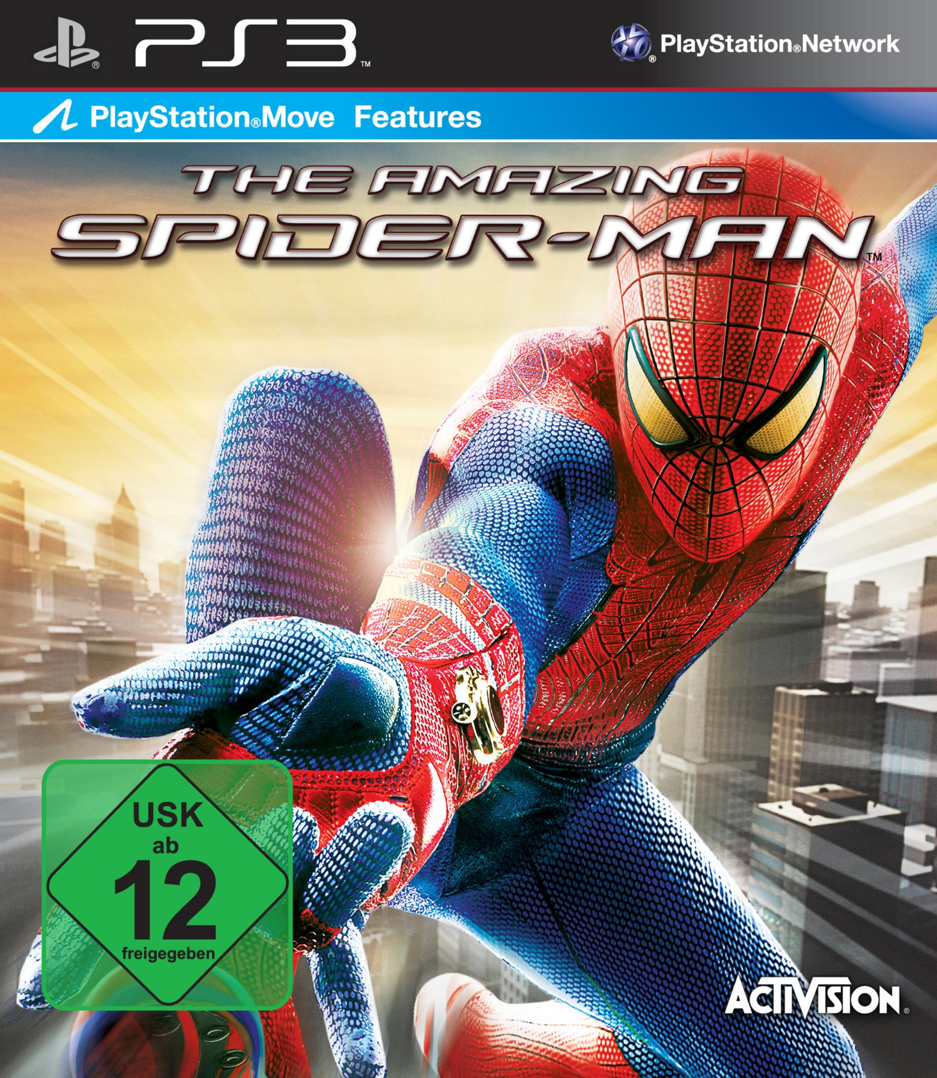 The Amazing Spider-Man PS3-Spielcover. Spider-Man in rotem und blauem Anzug mit Stadtkulisse.