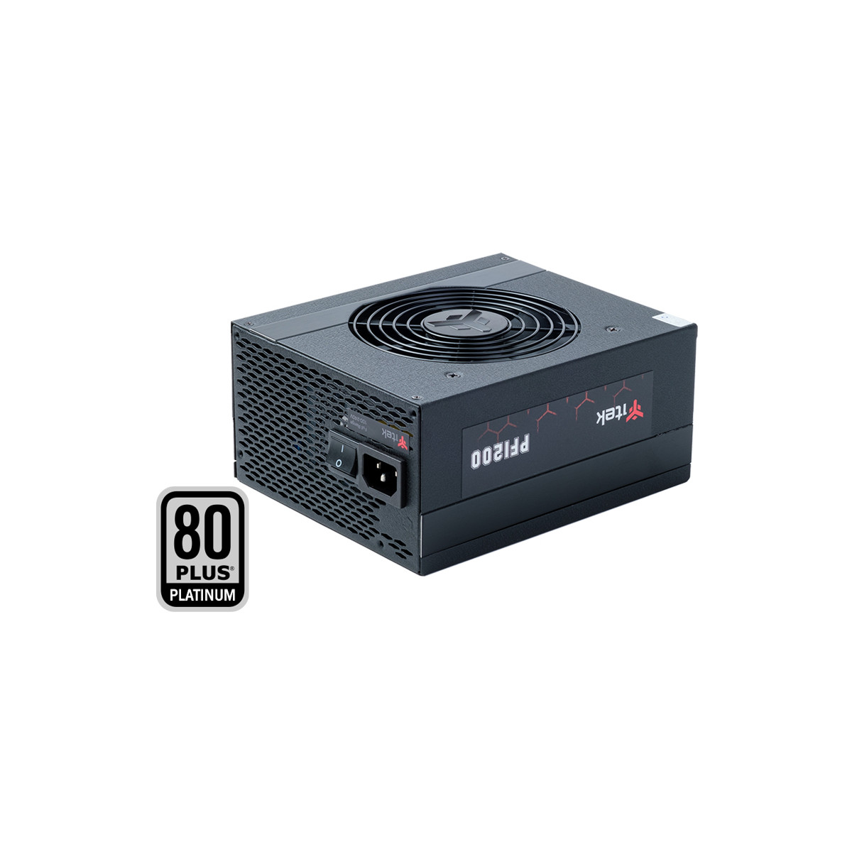 Alimentatore nero con ventola e testo, isolato su sfondo bianco, con logo '80 PLUS PLATINUM'.