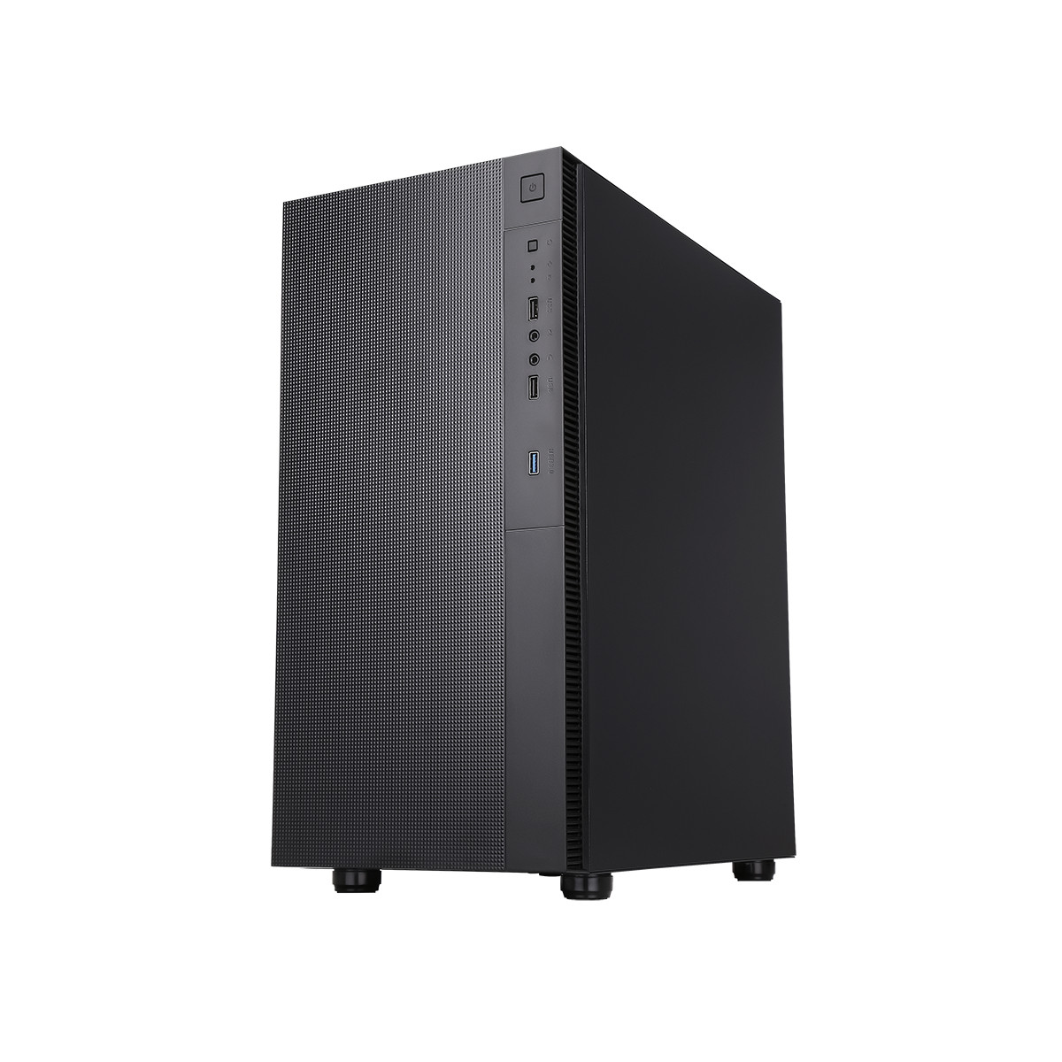 Case per computer nero con porte e un pulsante di accensione sul pannello frontale.