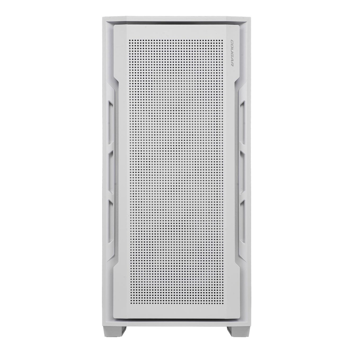 Case per computer bianco con pannello frontale perforato e logo Cougar.