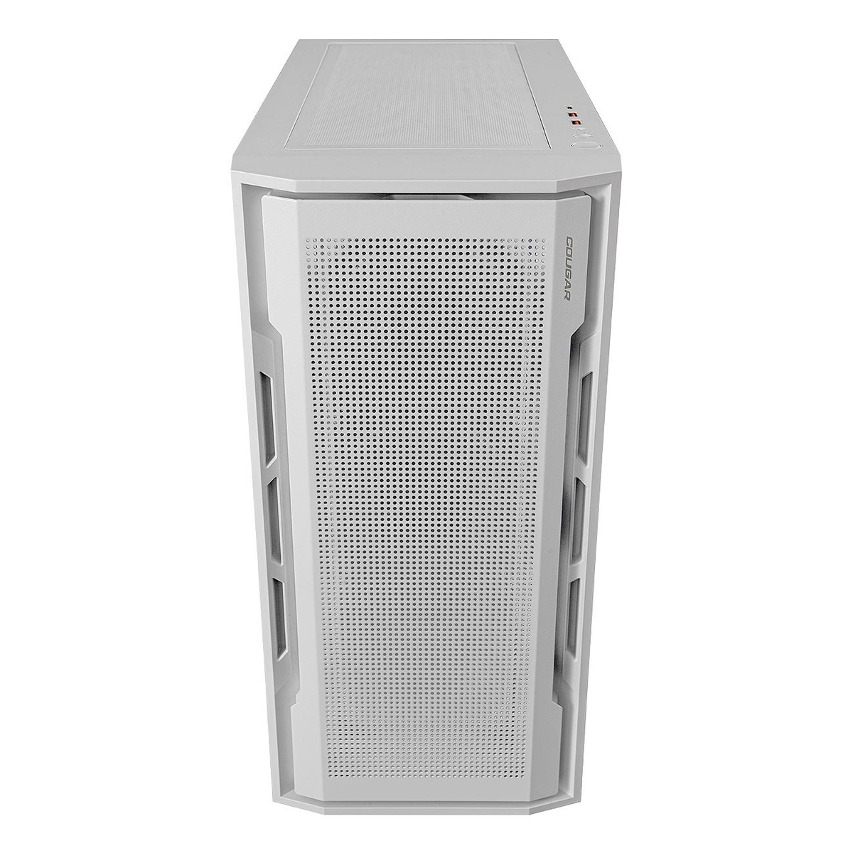 Case per computer bianco con pannello frontale in rete. Forma rettangolare con lati angolati. Logo COUGAR.