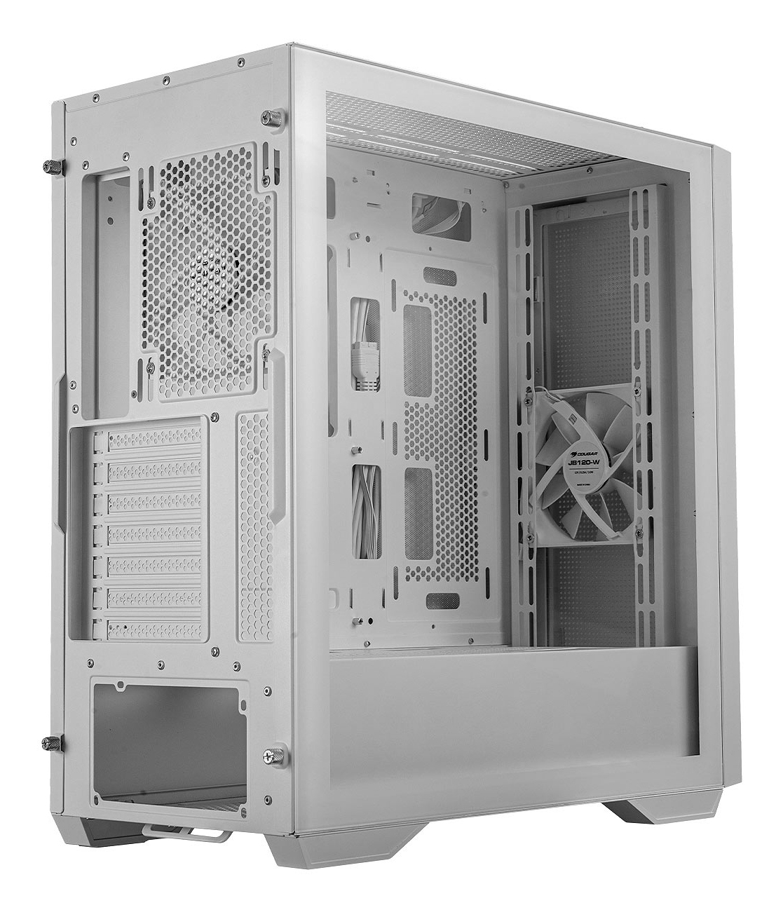 Case computer bianca, aperta per rivelare componenti interni come ventole e supporti.