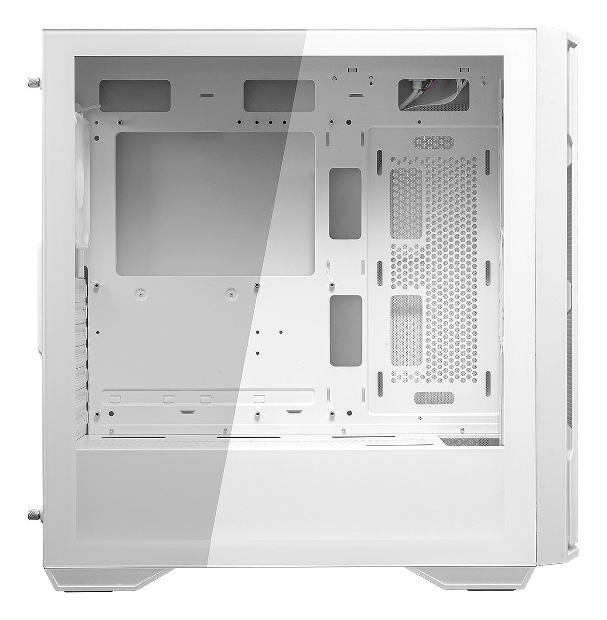 Vista interna di un case per computer bianco con componenti visibili e pannello in vetro.