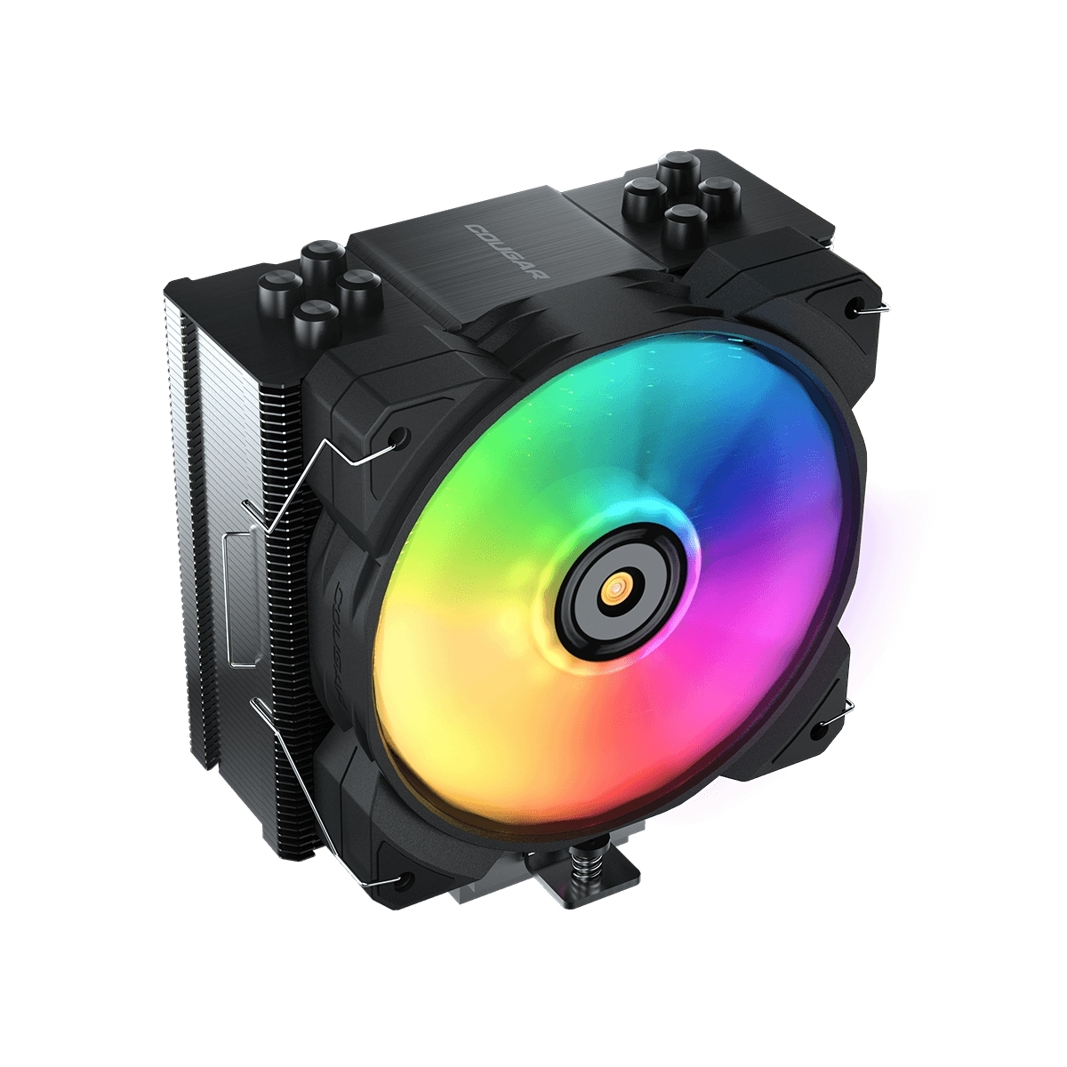 Zwarte CPU-koeler met veelkleurige ventilator. Cougar-logo zichtbaar.