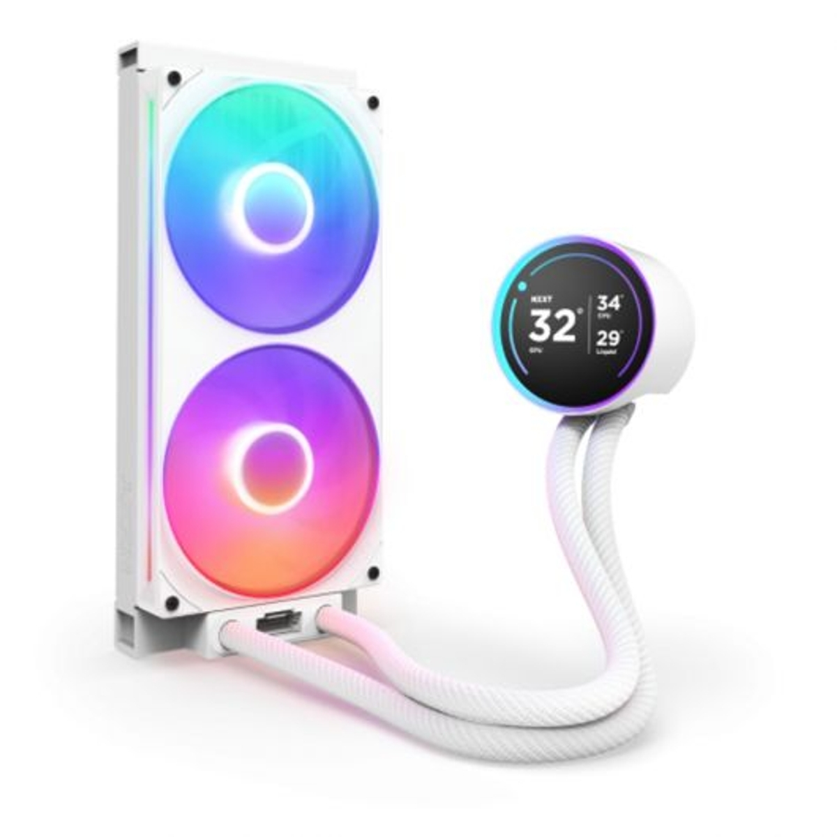 White computer cooling system with two fans with a circular LCD screen. The fans have colorful lights.