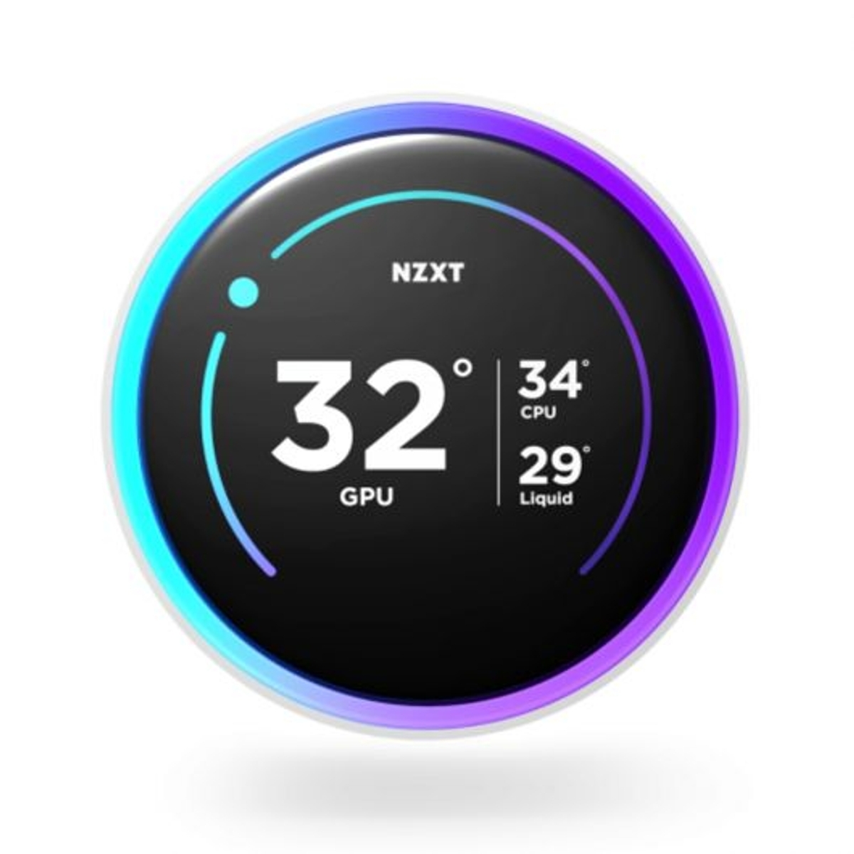 Black and blue circular NZXT display showing GPU, CPU, and liquid temperatures.